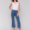 Blue jeans with a flare fit and pull-on style by Charlie B.