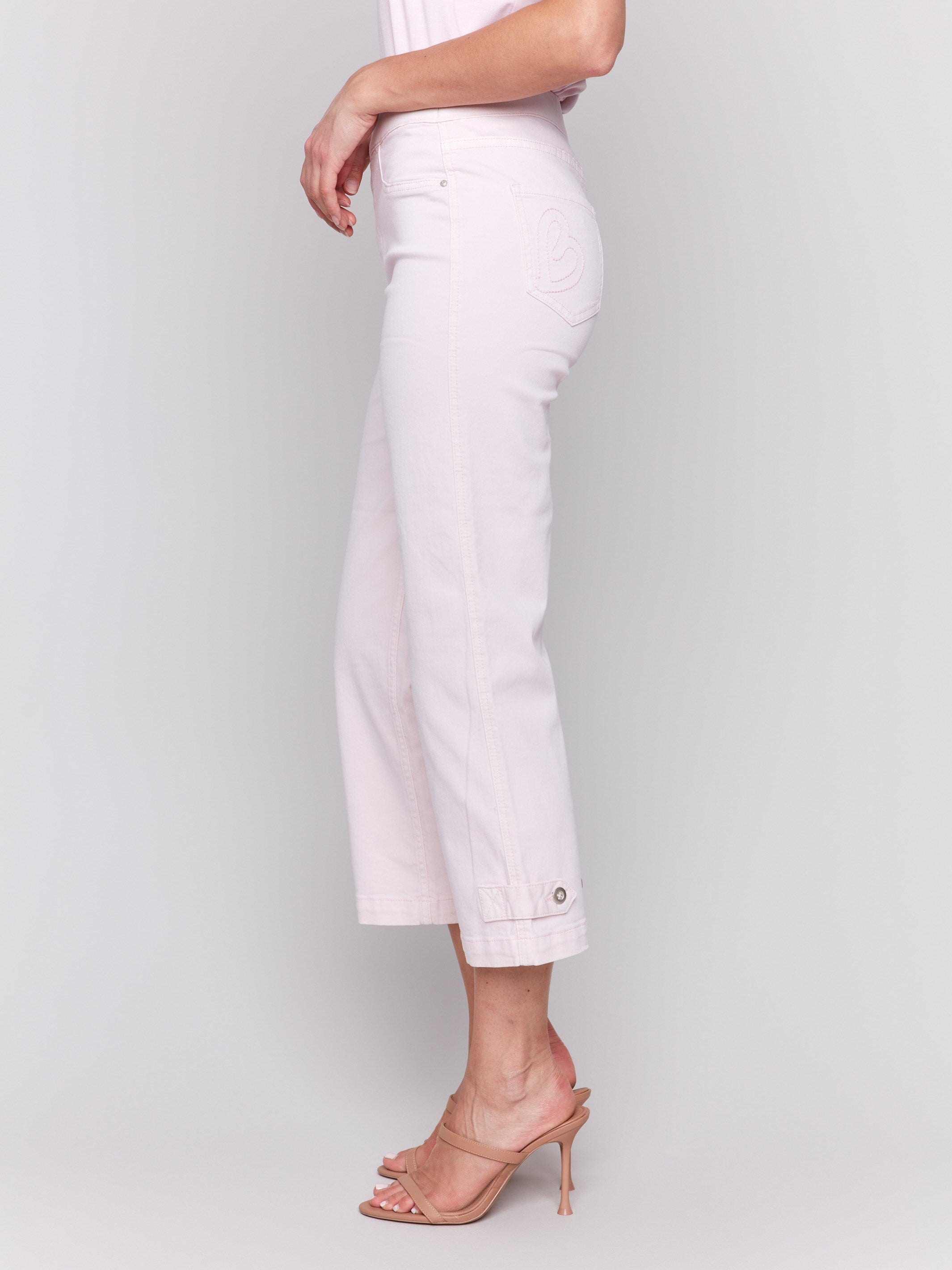 Pull-on style pink pants with regular rise waist, by Charlie B.