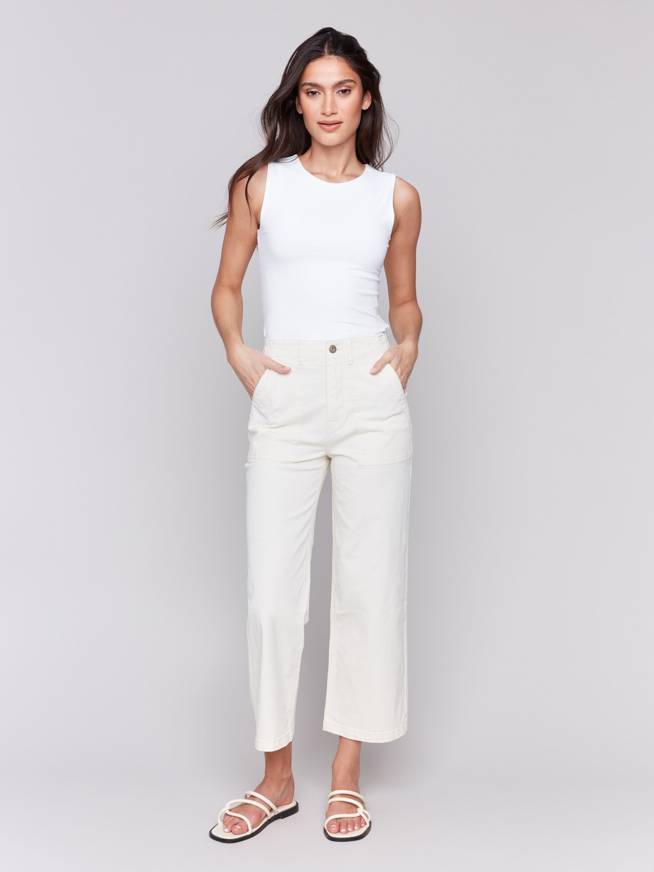 Natural-colored cropped pants with straight fit and utility pockets by Charlie B.