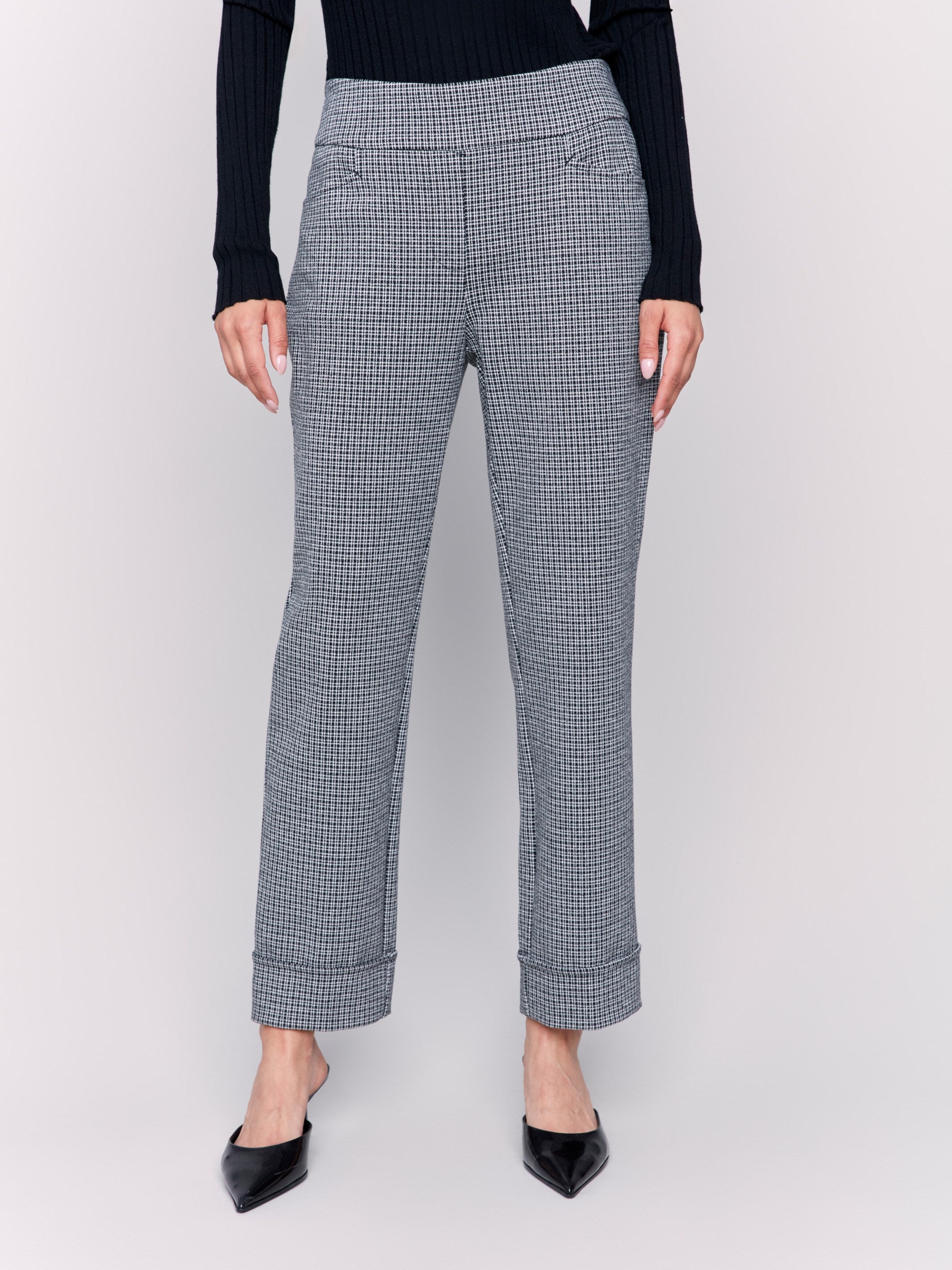 Tattersall print, straight leg ponte pants in grey with cuffed hems by Charlie B.