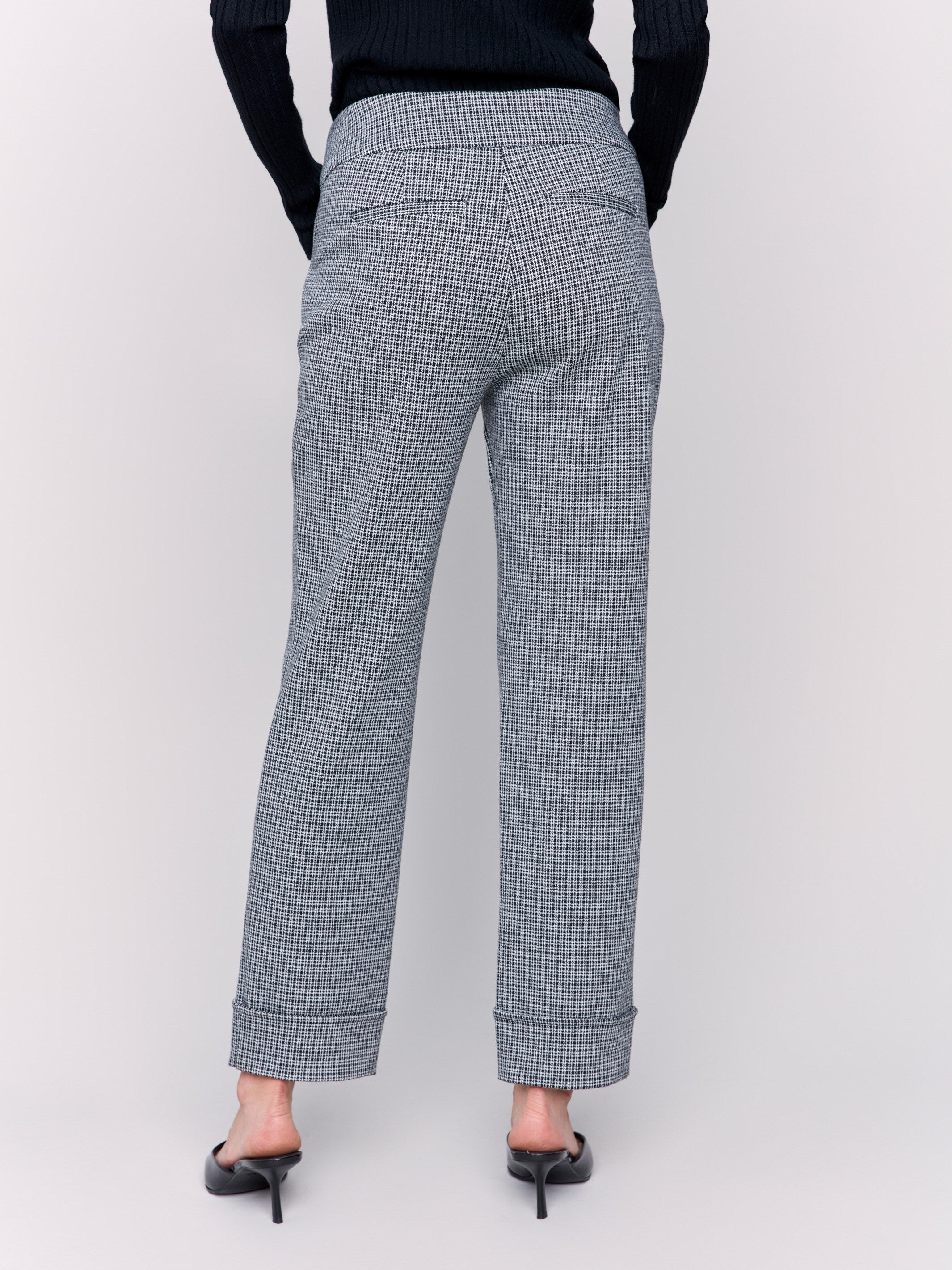 Tattersall print, straight leg ponte pants in grey with cuffed hems by Charlie B.