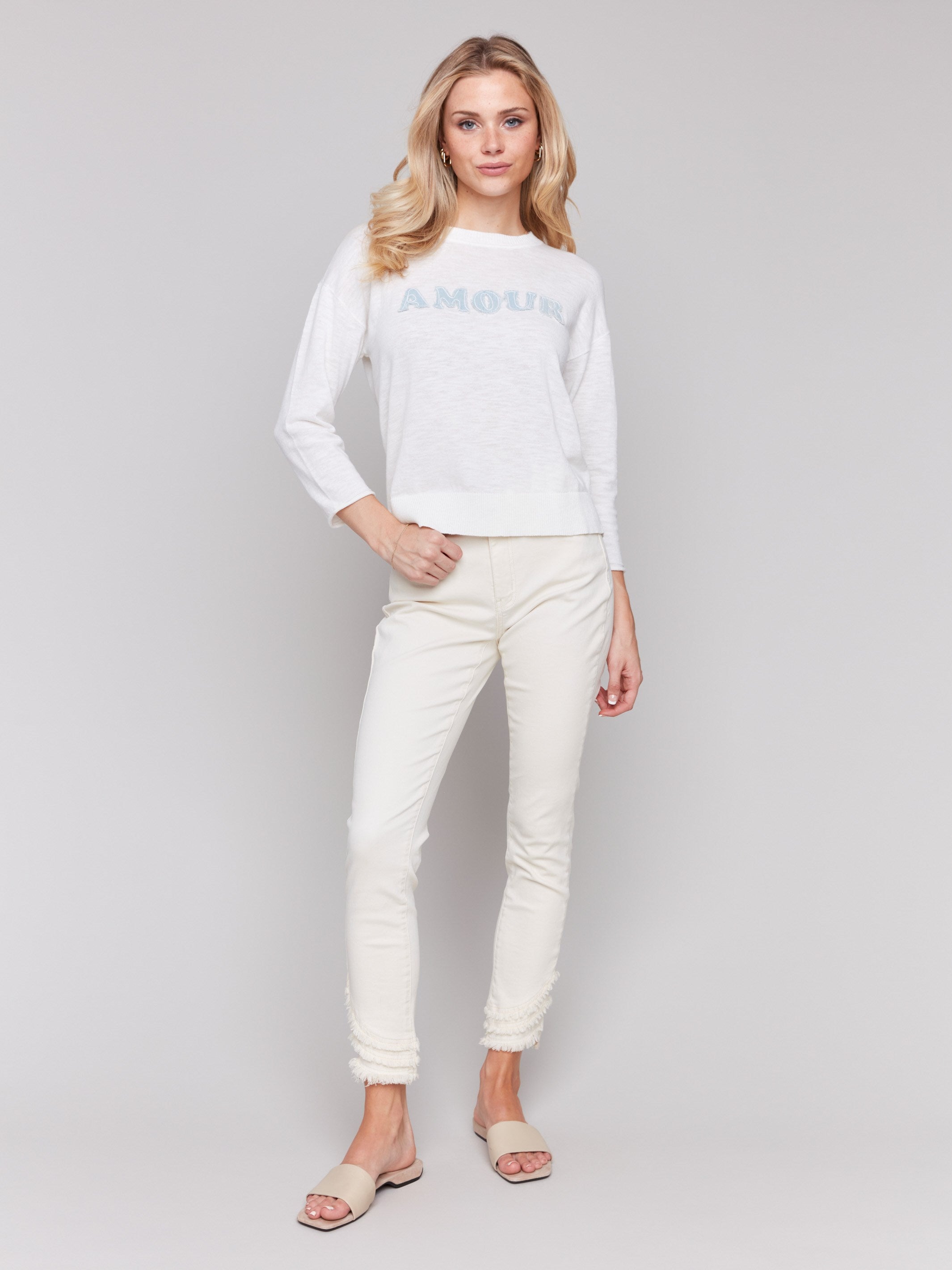 White cotton sweater with denim 'Amour' patch and crew neck by Charlie B.