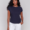 Navy T-shirt with crew neckline and lace shoulder detail by Charlie B.