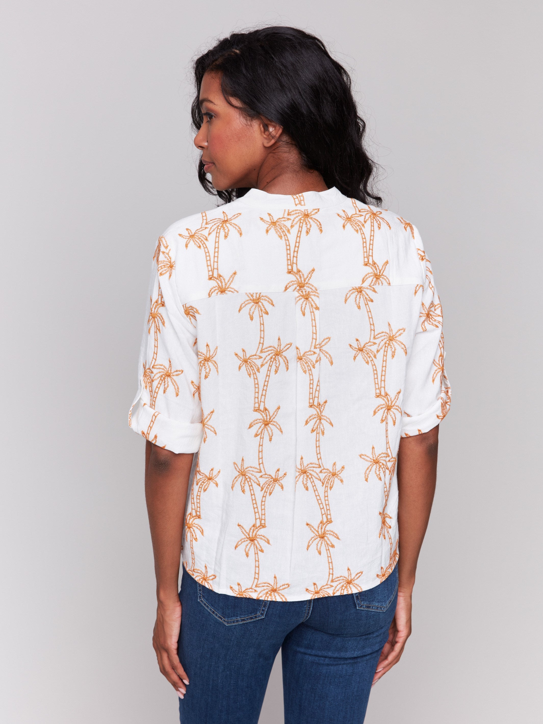 Embroidered papaya blouse with 3/4 roll-up sleeves by Charlie B.