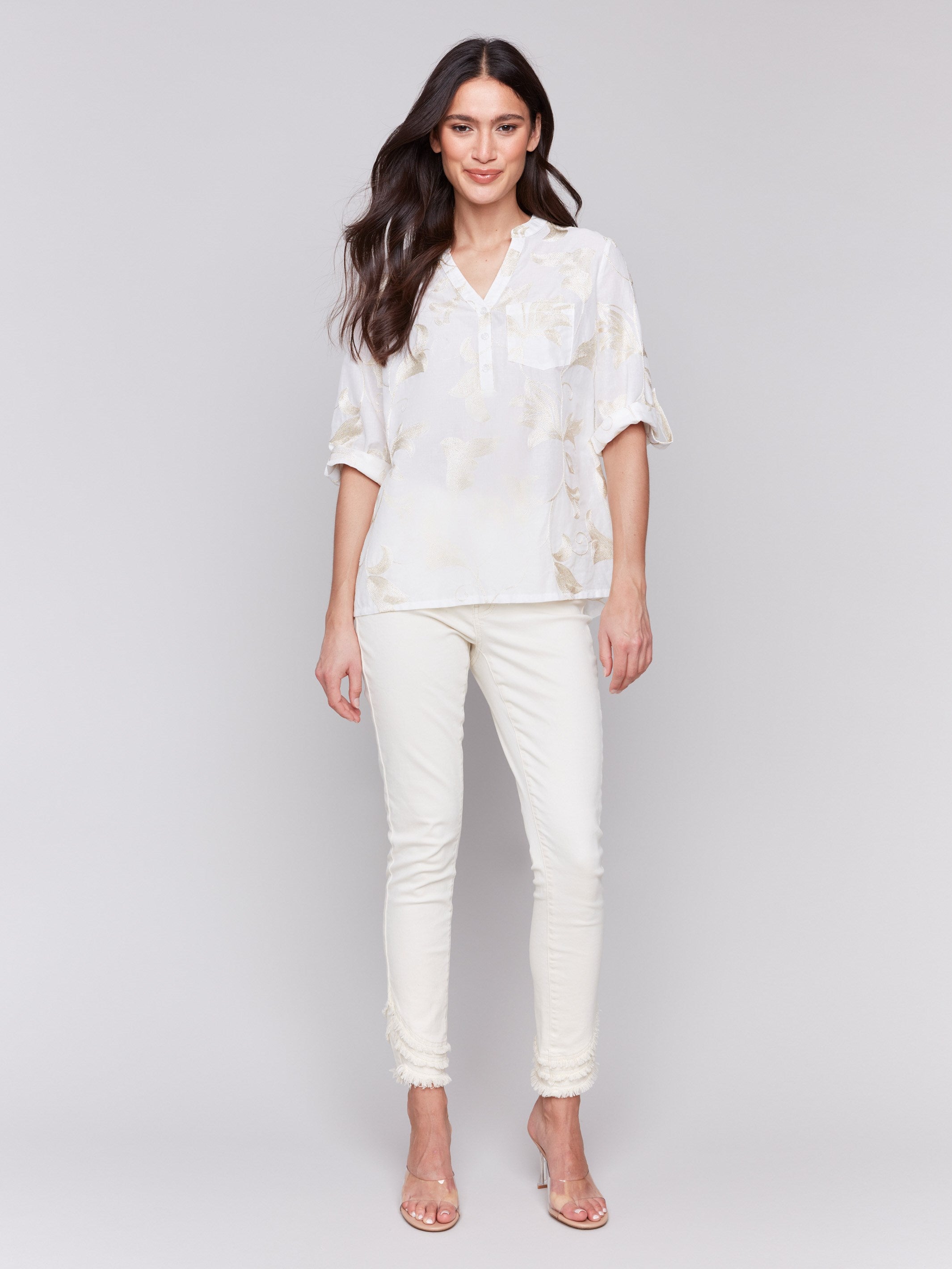 Elegant half-button front blouse with gold details by Charlie B.