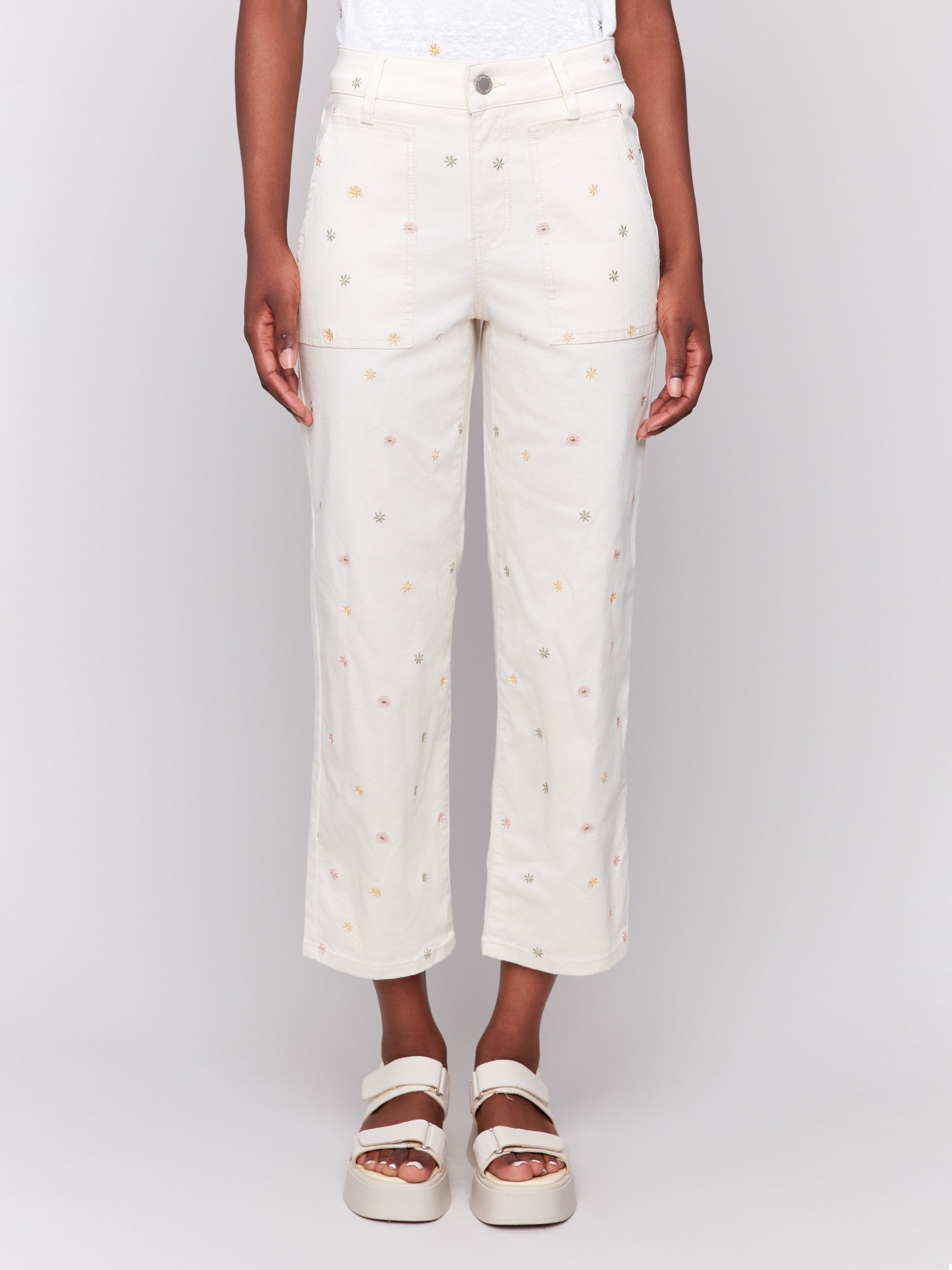 Cropped length pants featuring stretch twill fabric by Charlie B.