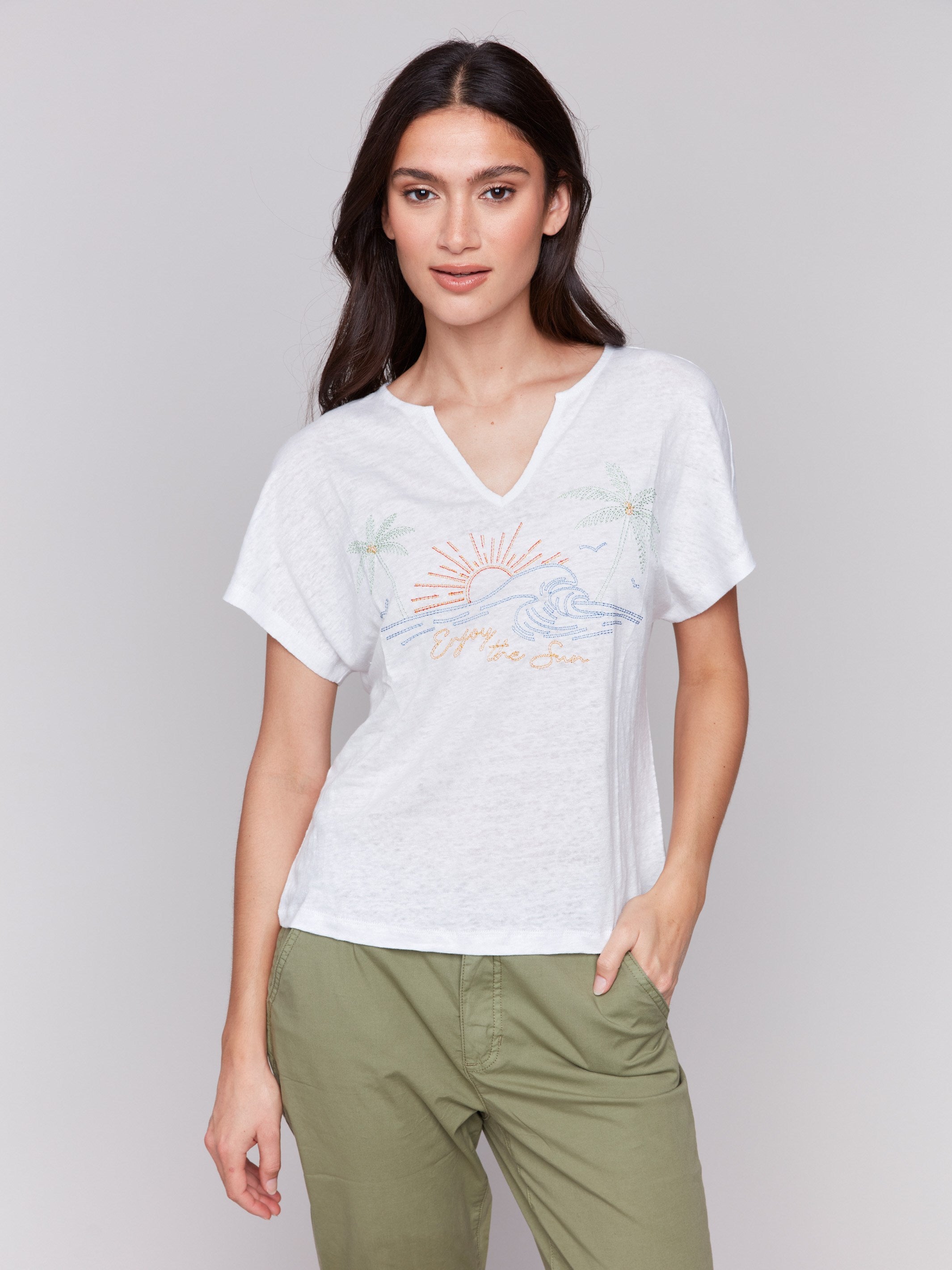 Linen blend top with relaxed dolman sleeves and intricate embroidery by Charlie B.