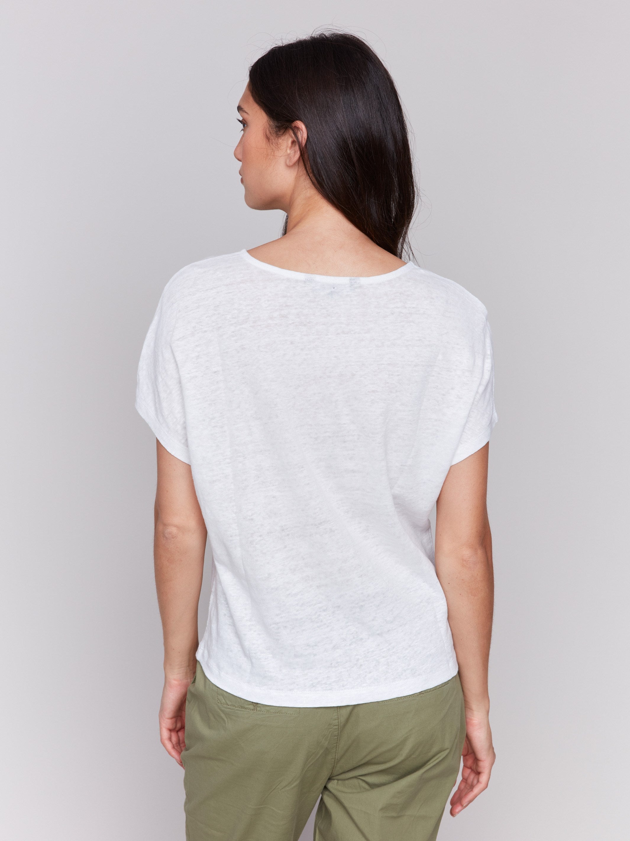 Embroidered linen blend top with a chic split neckline by Charlie B.