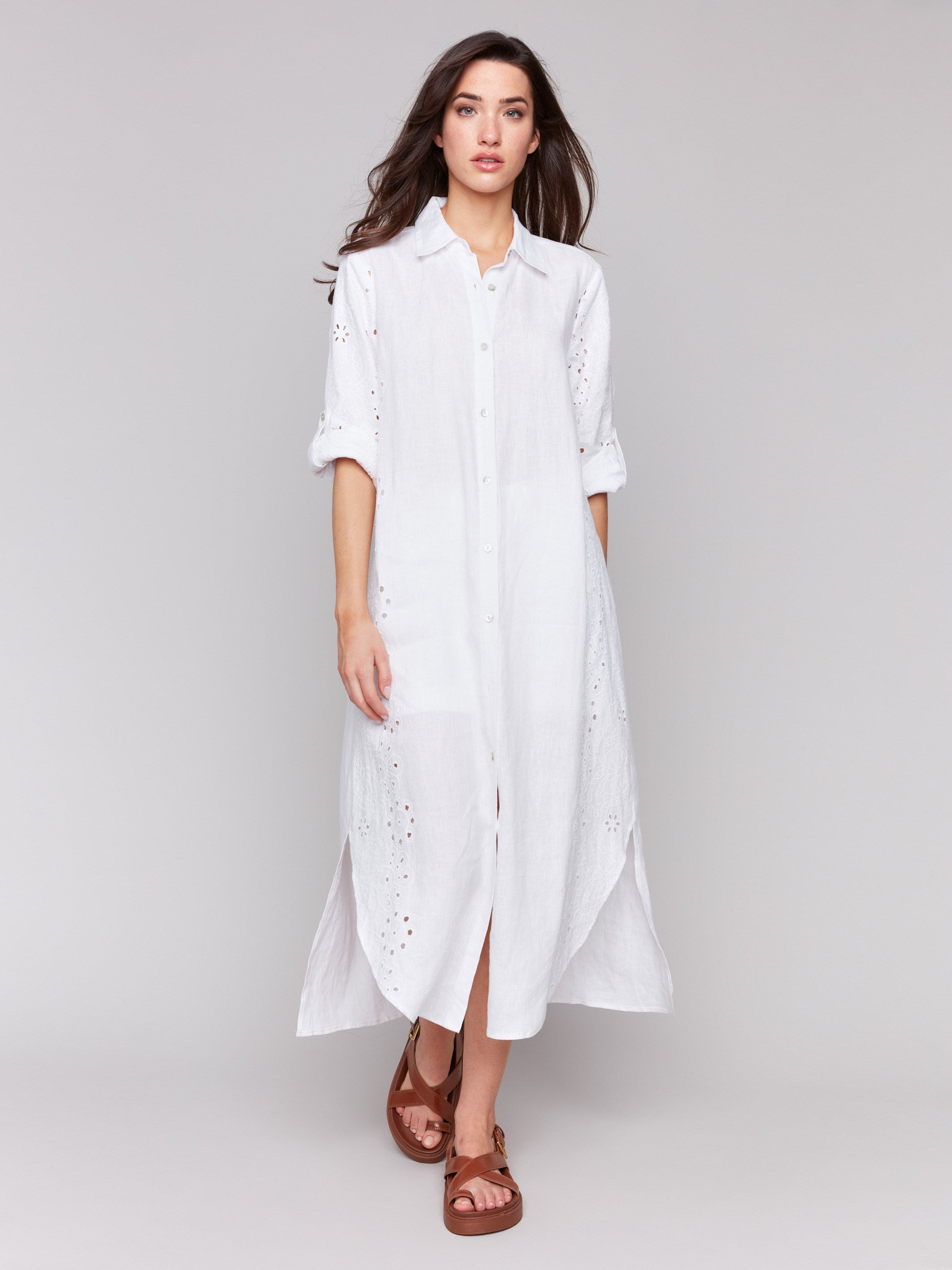 White tunic dress with a collar neckline and maxi length by Charlie B.