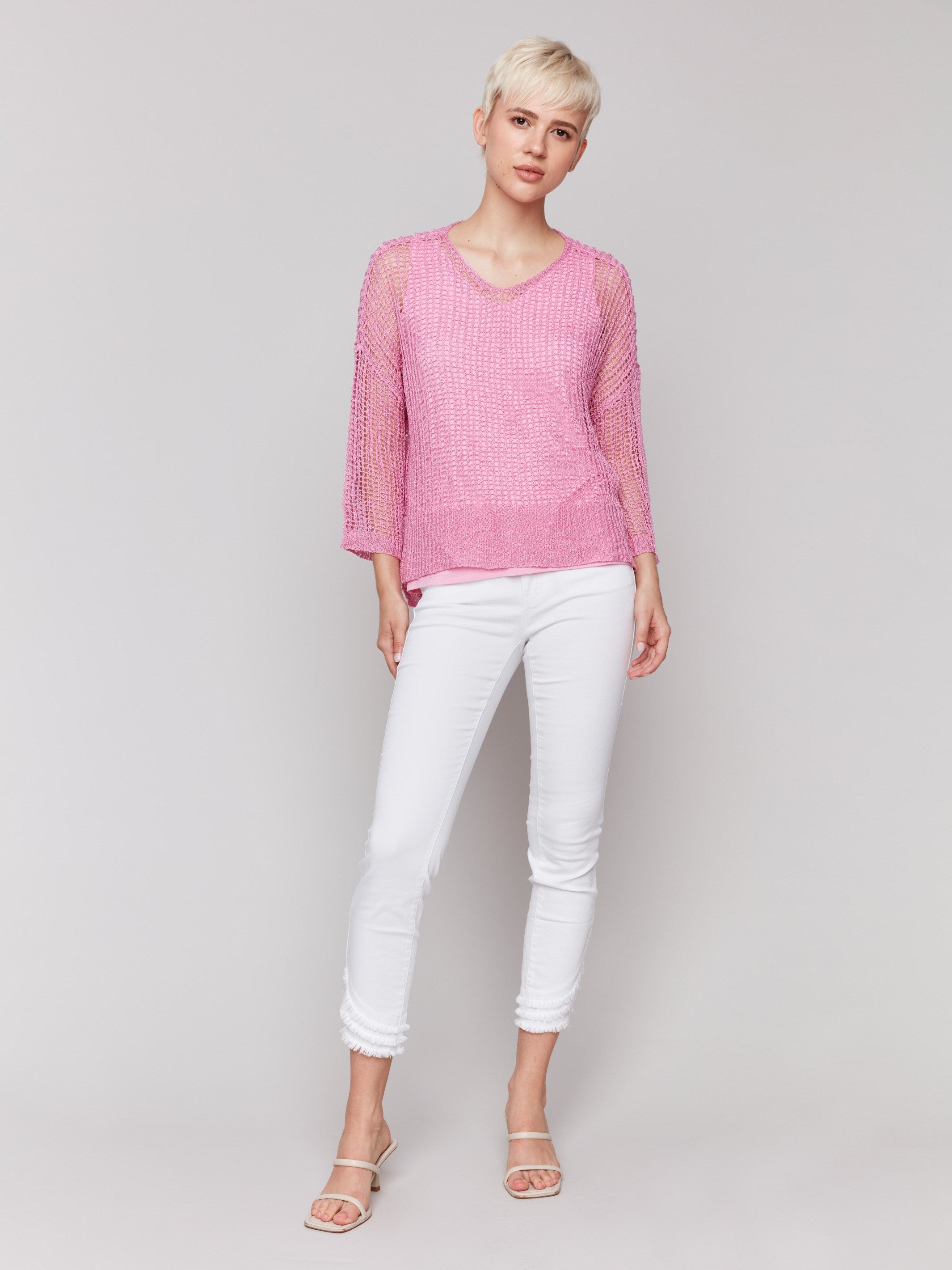 3/4 sleeve begonia pink crochet sweater, perfect for layering by Charlie B.