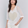 White fishnet V-neck sweater with a gold heart design and 3/4 dolman sleeves by Charlie B.