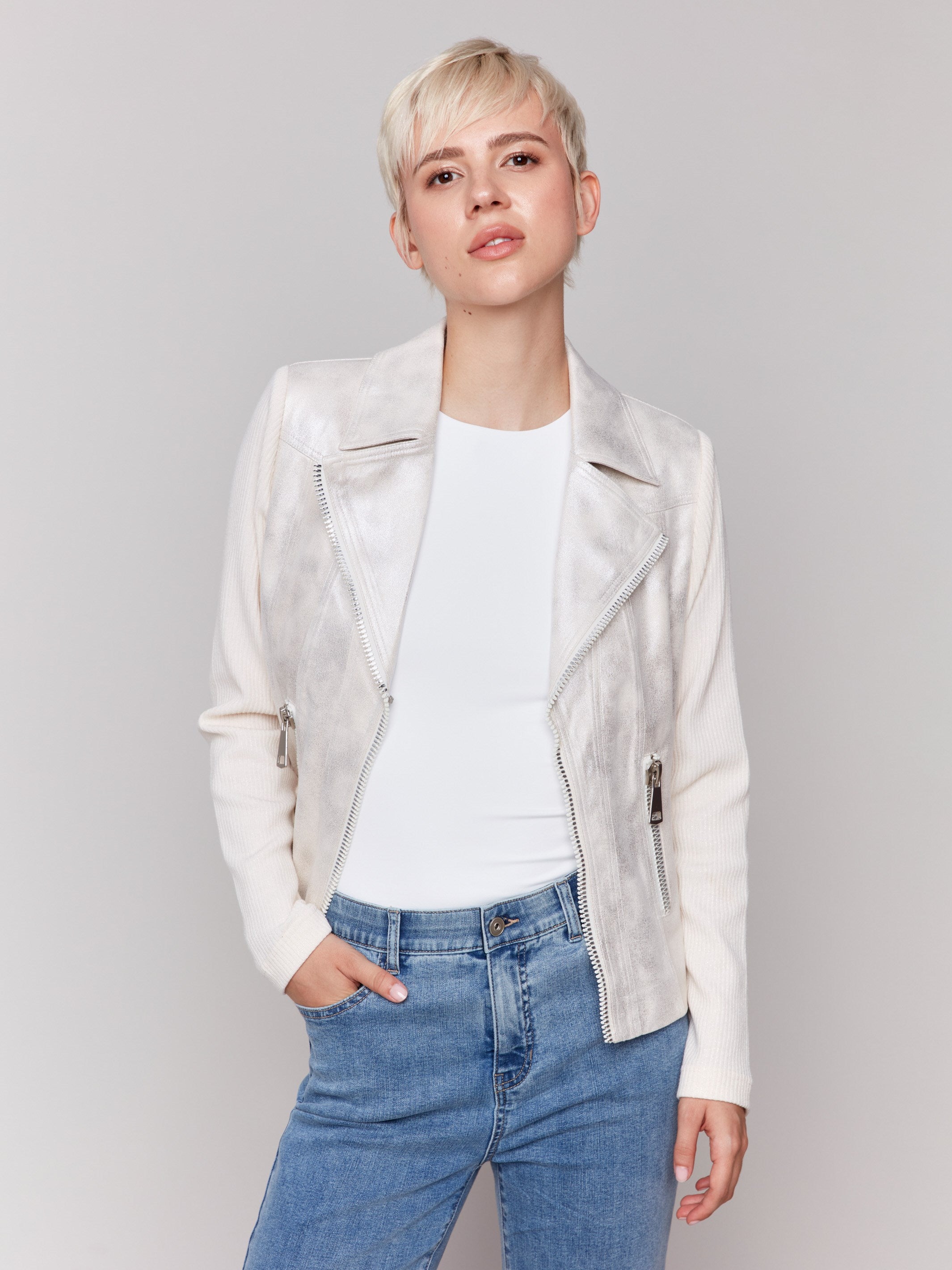 Faux leather jacket featuring a hook-and-eye closure for a chic look by Charlie B.