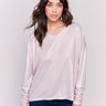 Long-sleeve, foiled-knit V-neck top in a shiny quartz pink color by Charlie B.