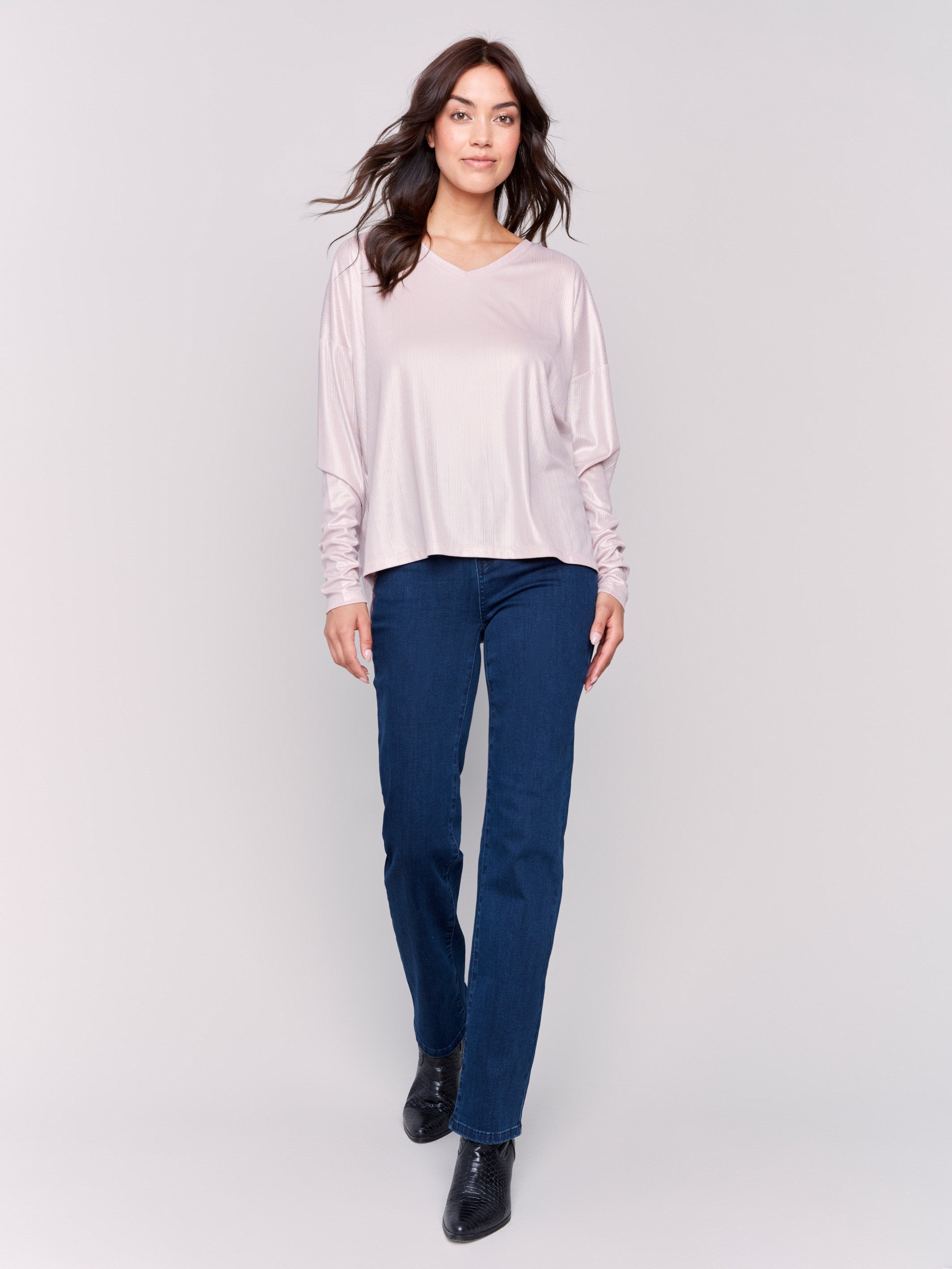 Long-sleeve, foiled-knit V-neck top in a shiny quartz pink color by Charlie B.