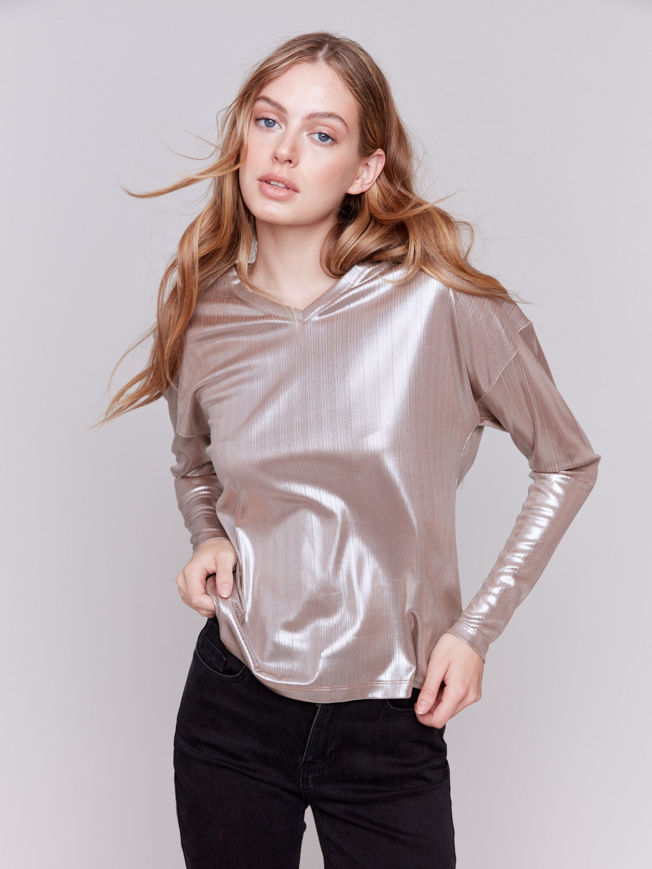 Long-sleeve, foiled-knit V-neck top in a shiny taupe color by Charlie B.