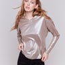 Long-sleeve, foiled-knit V-neck top in a shiny taupe color by Charlie B.