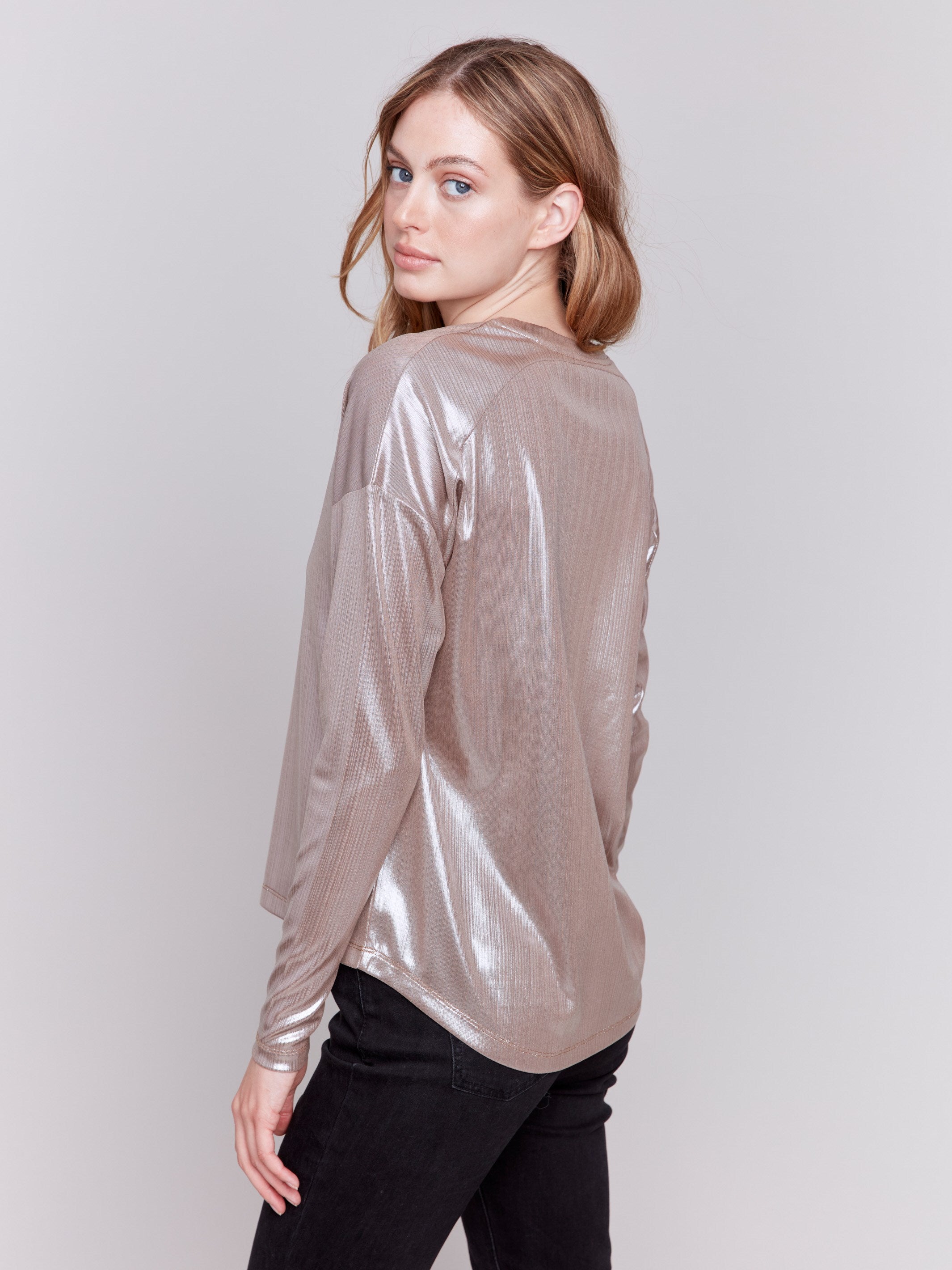 Long-sleeve, foiled-knit V-neck top in a shiny taupe color by Charlie B.