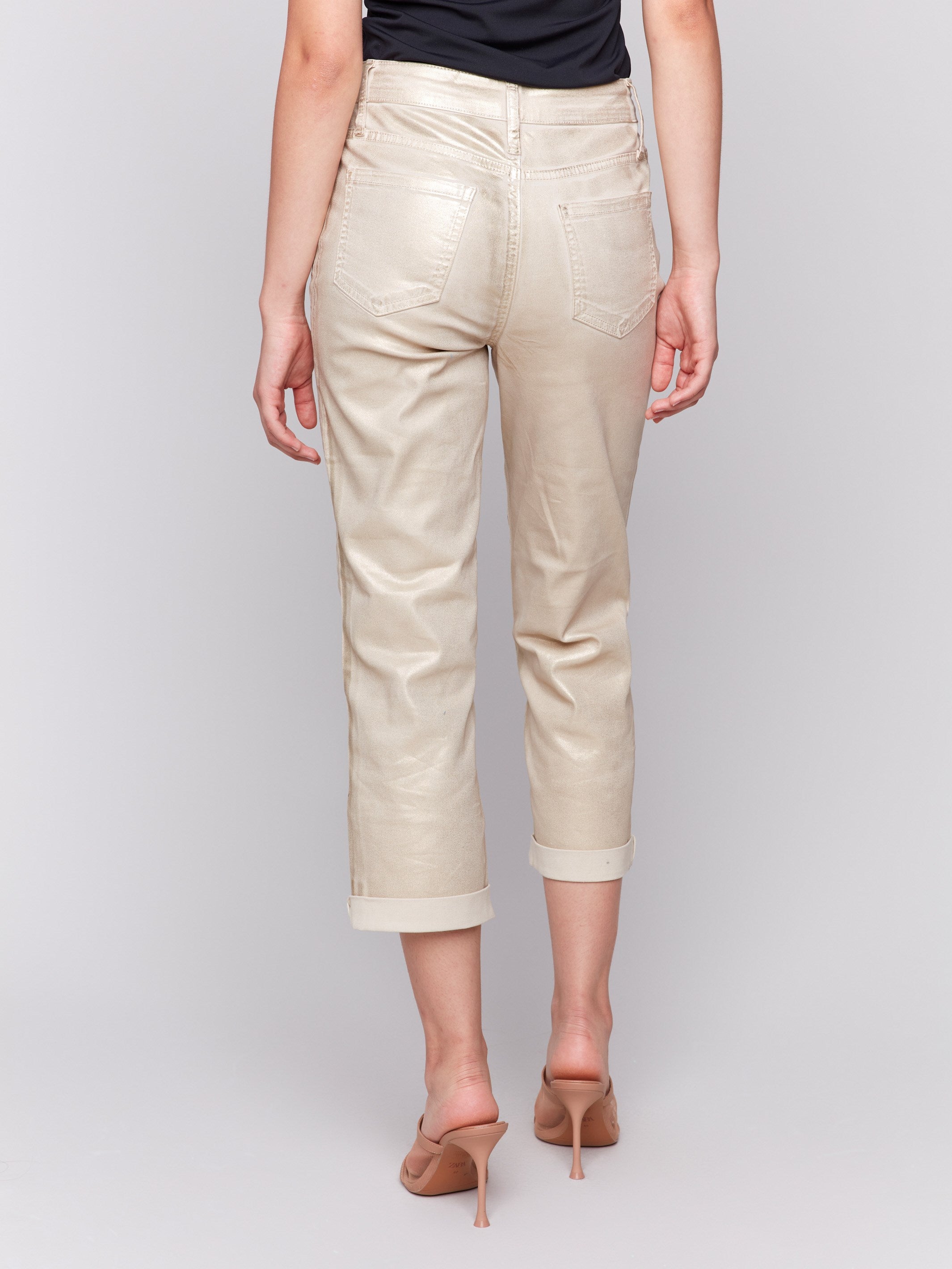 Stylish cuffed hem on natural straight-leg pants with stretch fabric by Charlie B.