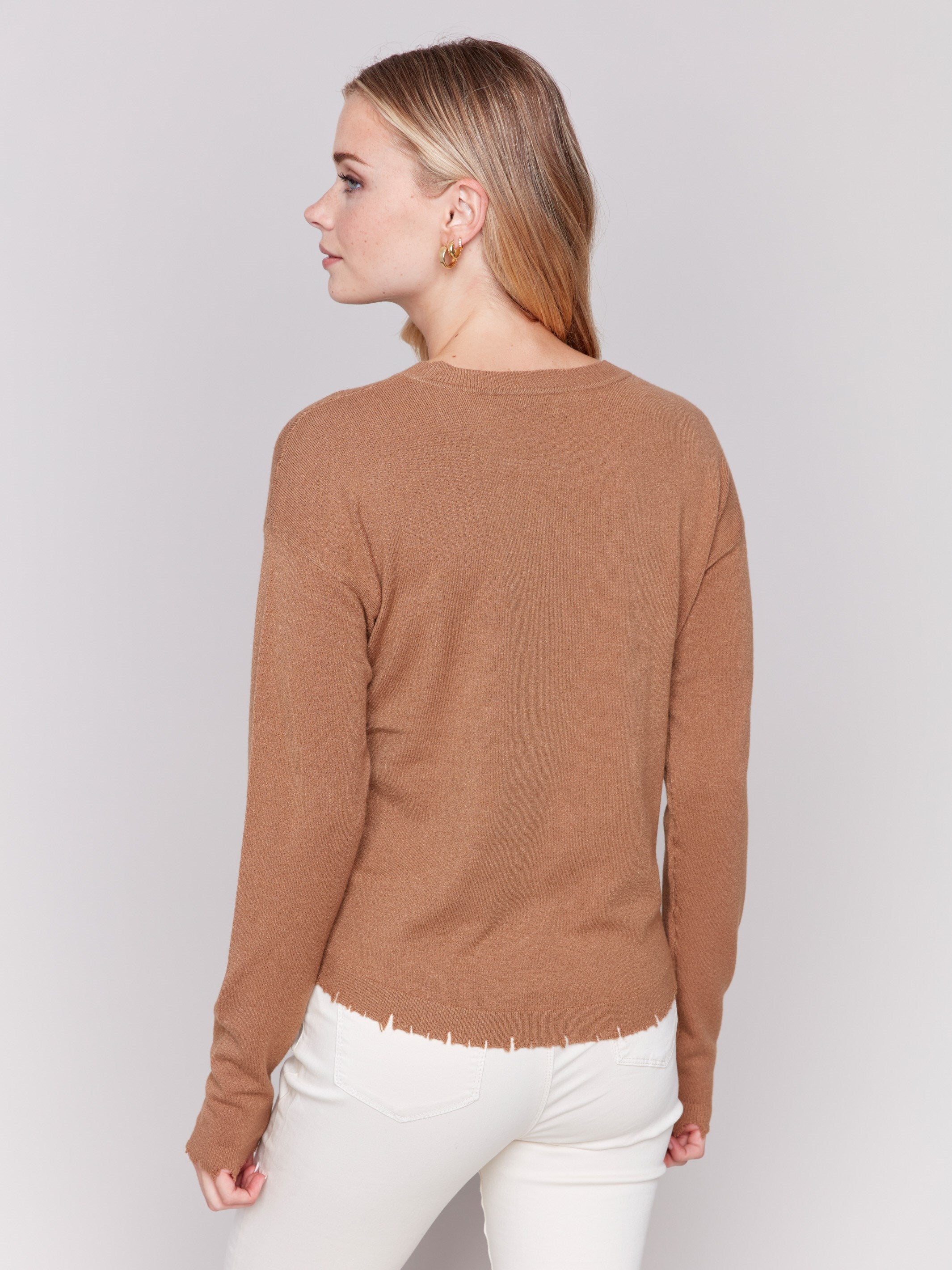 Truffle brown long-sleeve sweater with a crew neck and frayed rounded hem by Charlie B.