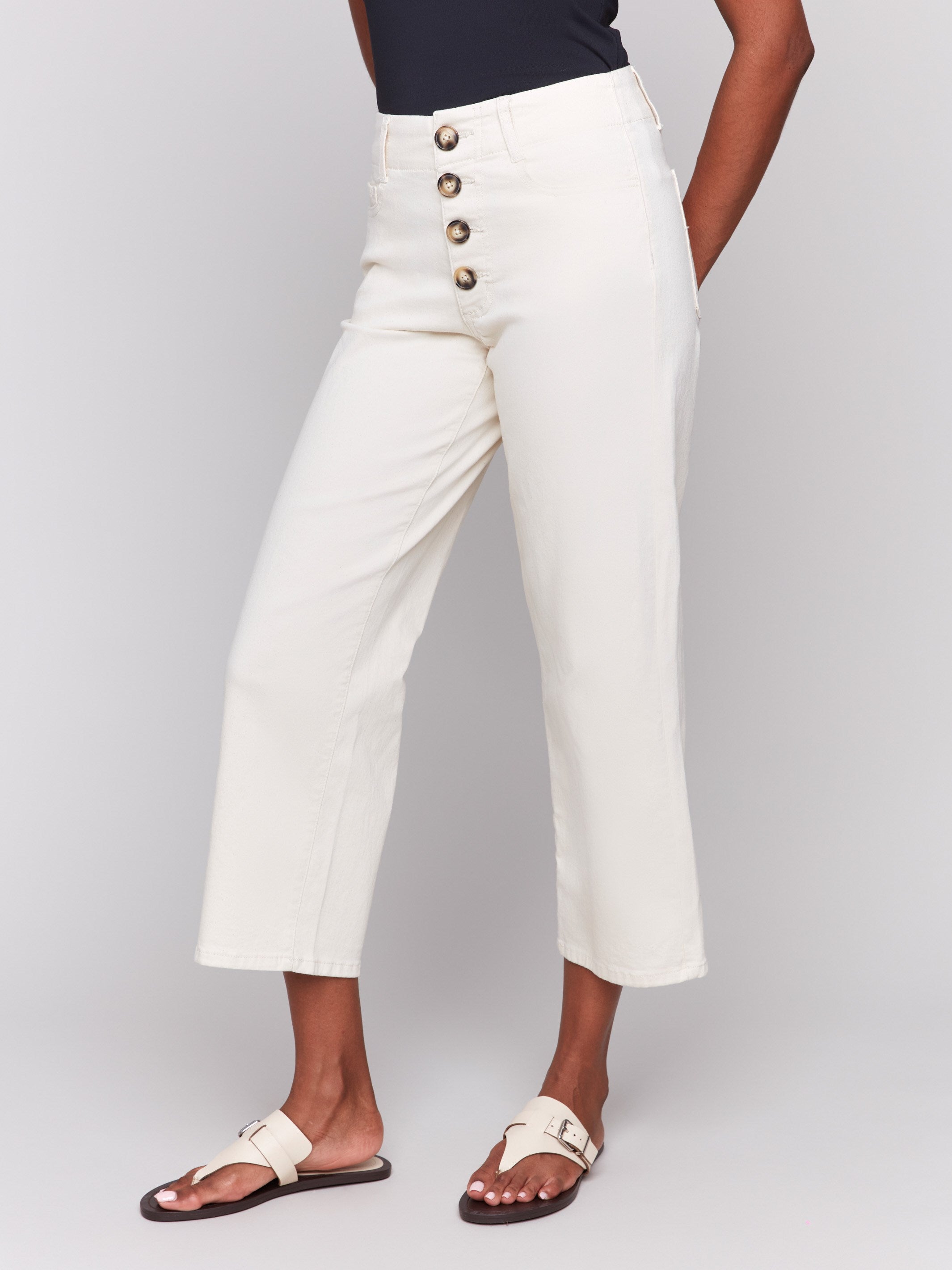 Natural color regular rise crop pants with a straight leg design by Charlie B.