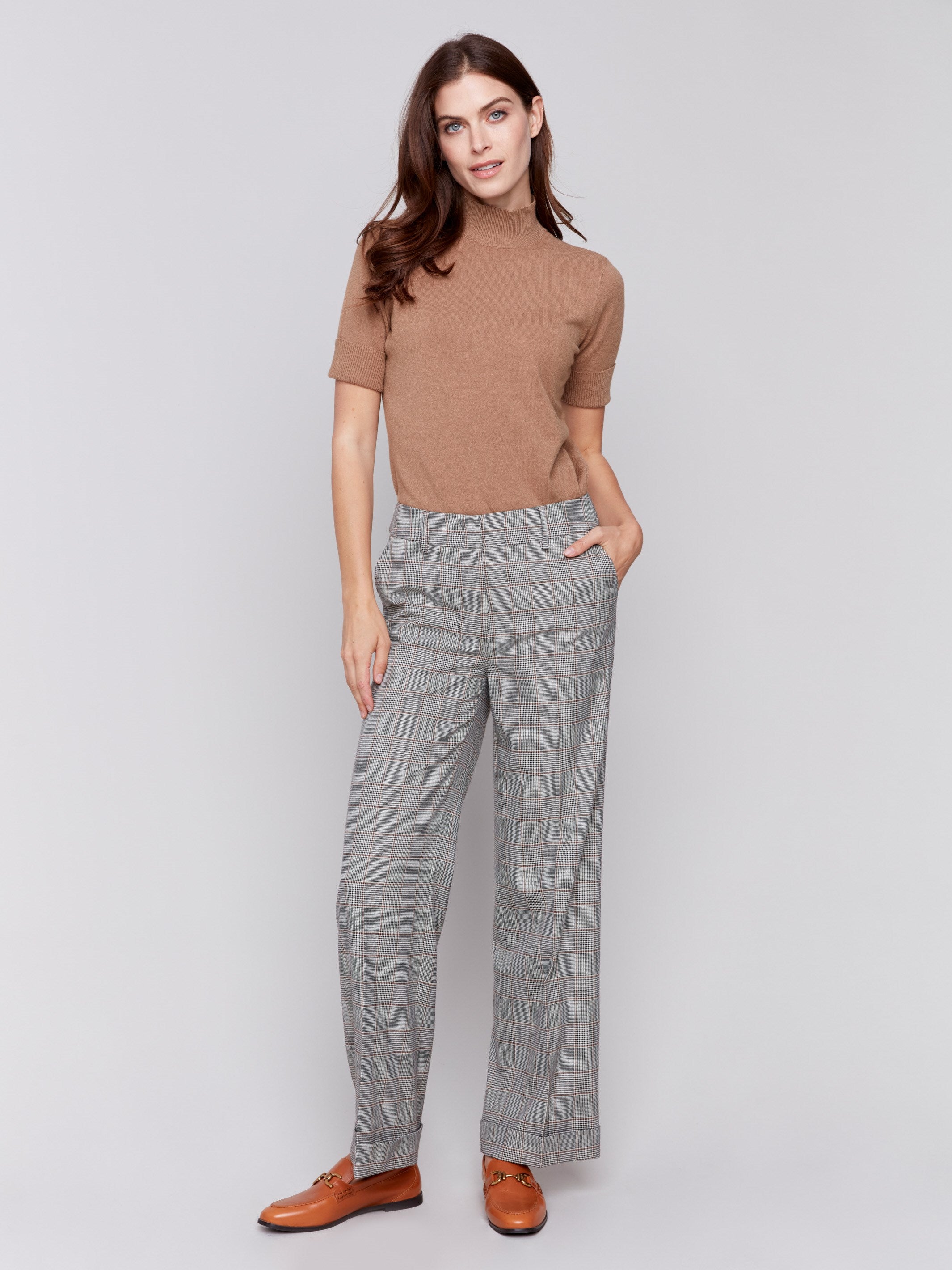 Glen Plaid Flare Pants with rolled-up cuffs and a classic pattern design for a sophisticated look by Charlie B.