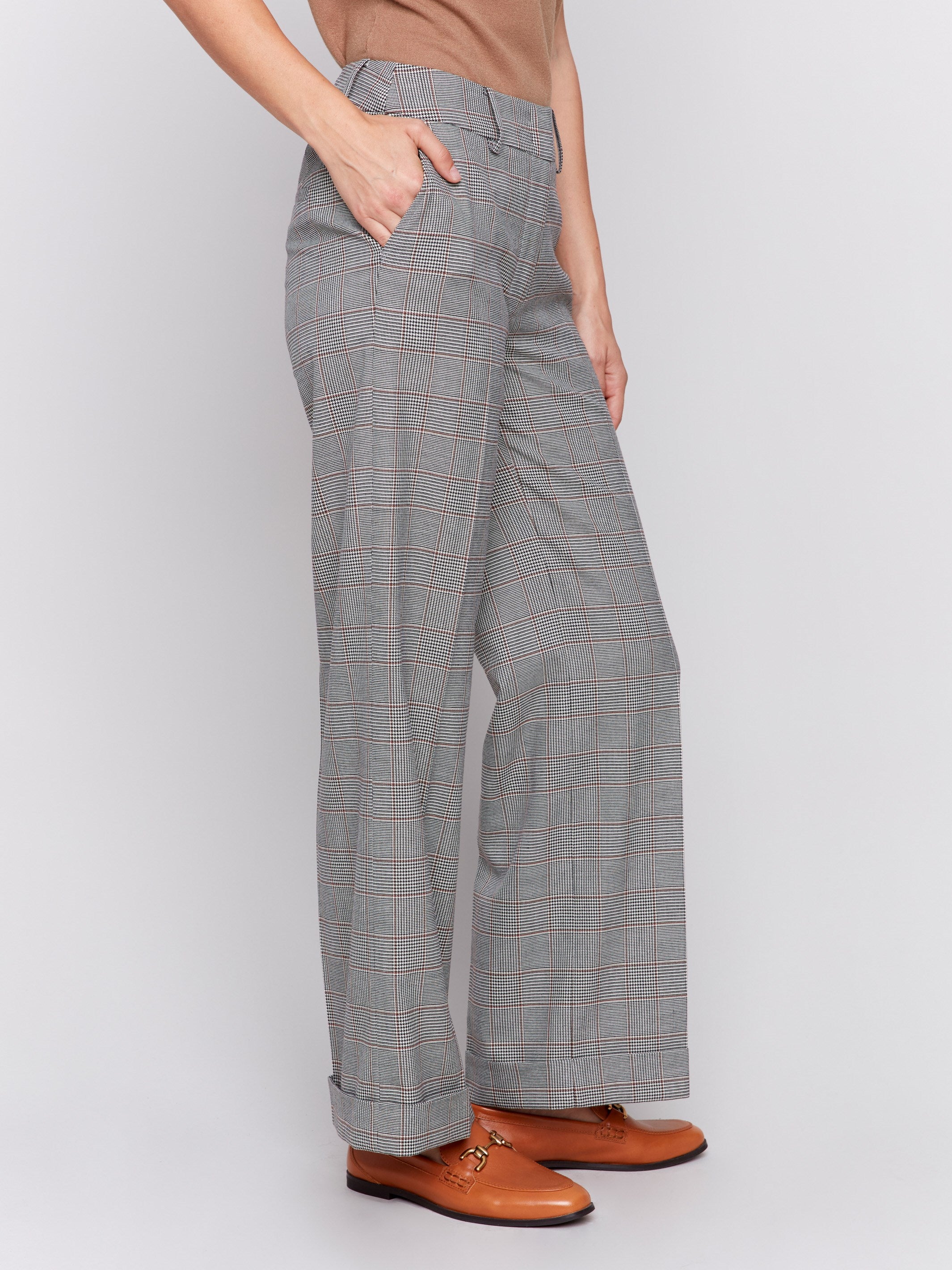 Glen Plaid Flare Pants with rolled-up cuffs and a classic pattern design for a sophisticated look by Charlie B.