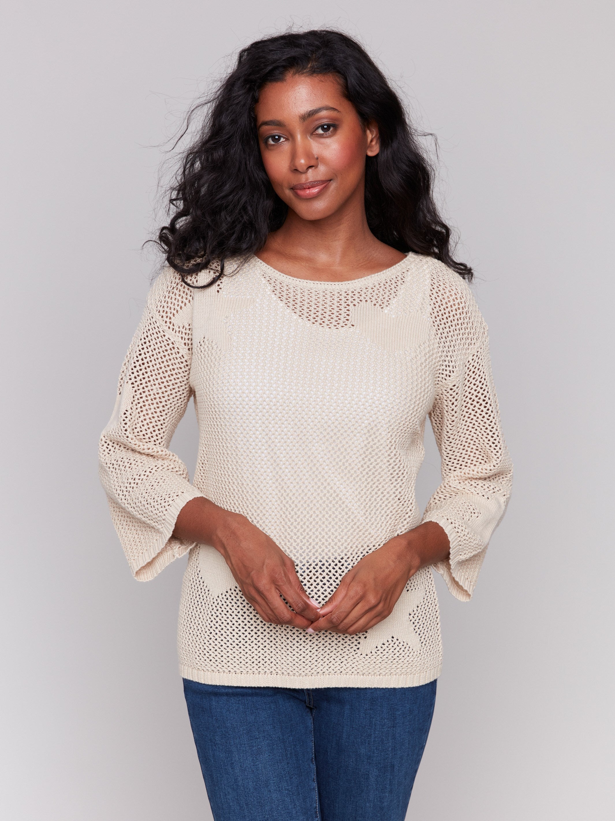 Stylish crochet top with unique 3/4 drop shoulder sleeves by Charlie B.