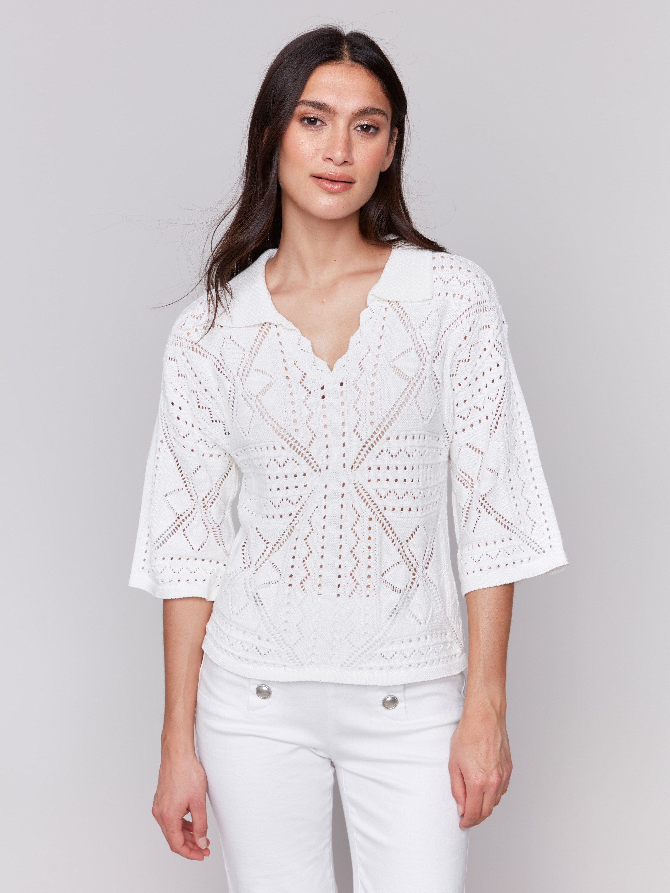 Johnny collar sweater with intricate pointelle design by Charlie B.