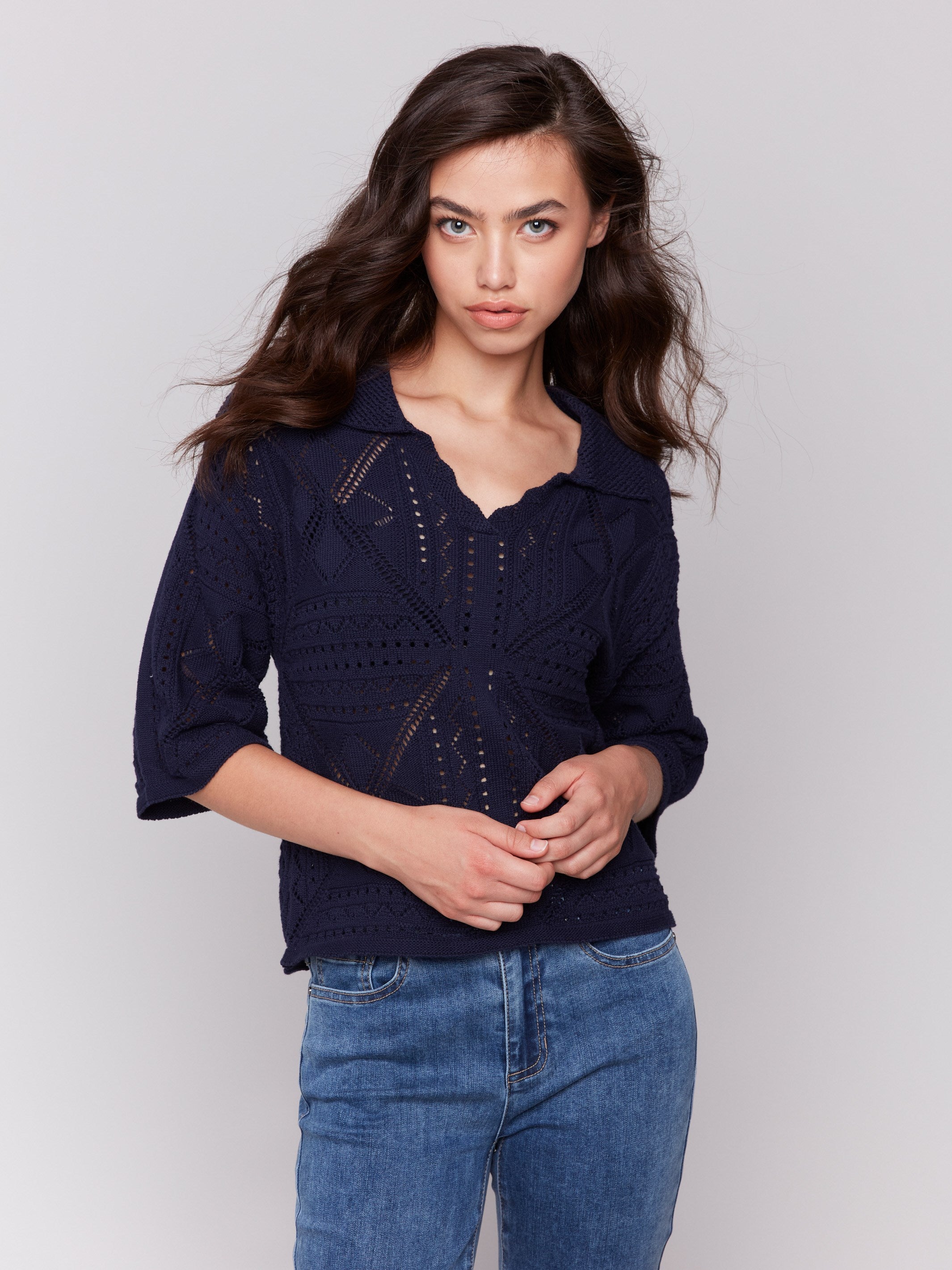 Soft and breathable 100% cotton navy sweater with intricate details by Charlie B.