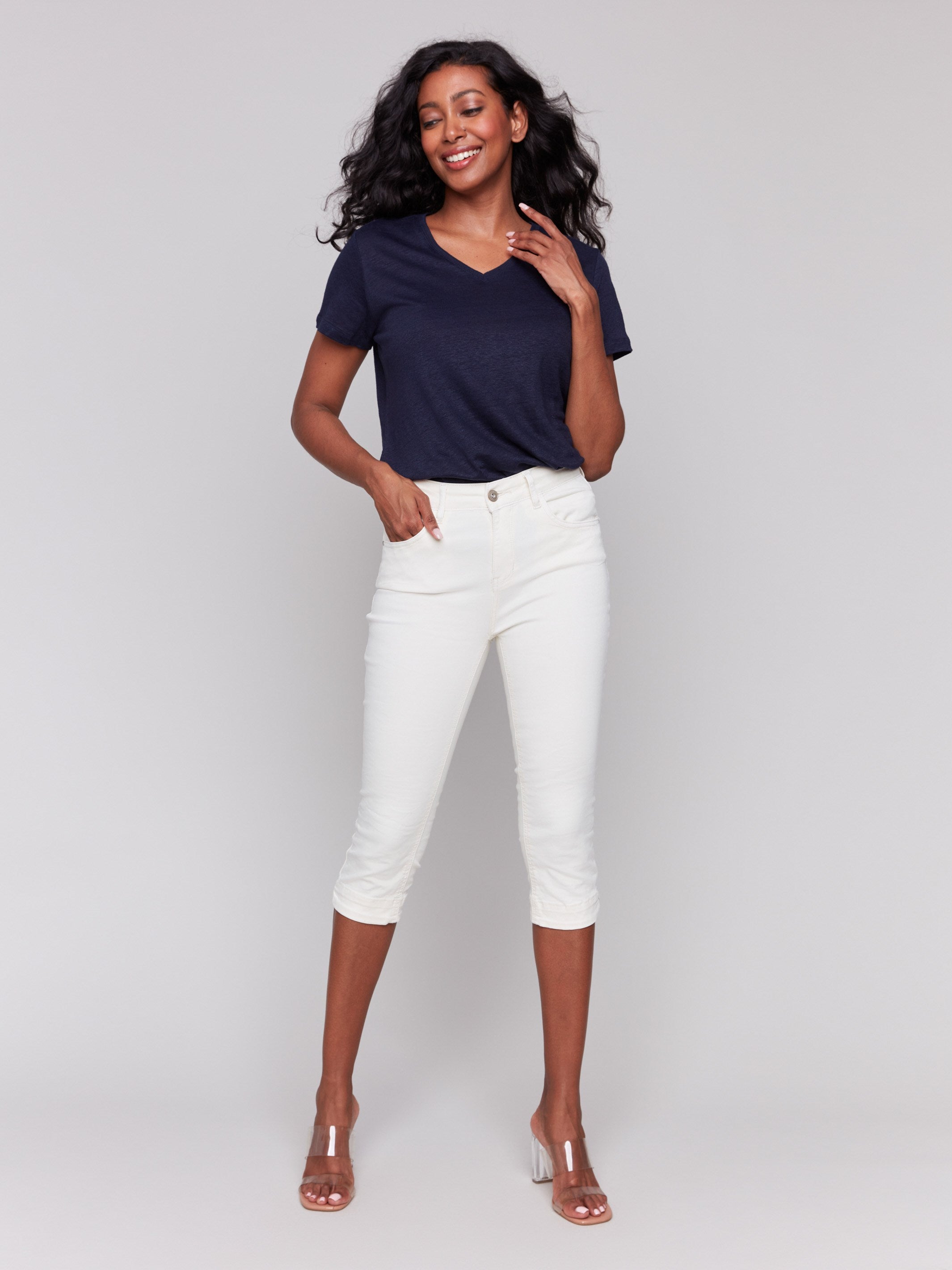 Natural capri pants with a slim leg and stretch twill fabric by Charlie B.