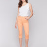 Papaya capri pants with a slim leg and regular rise, featuring stretch twill fabric by Charlie B.