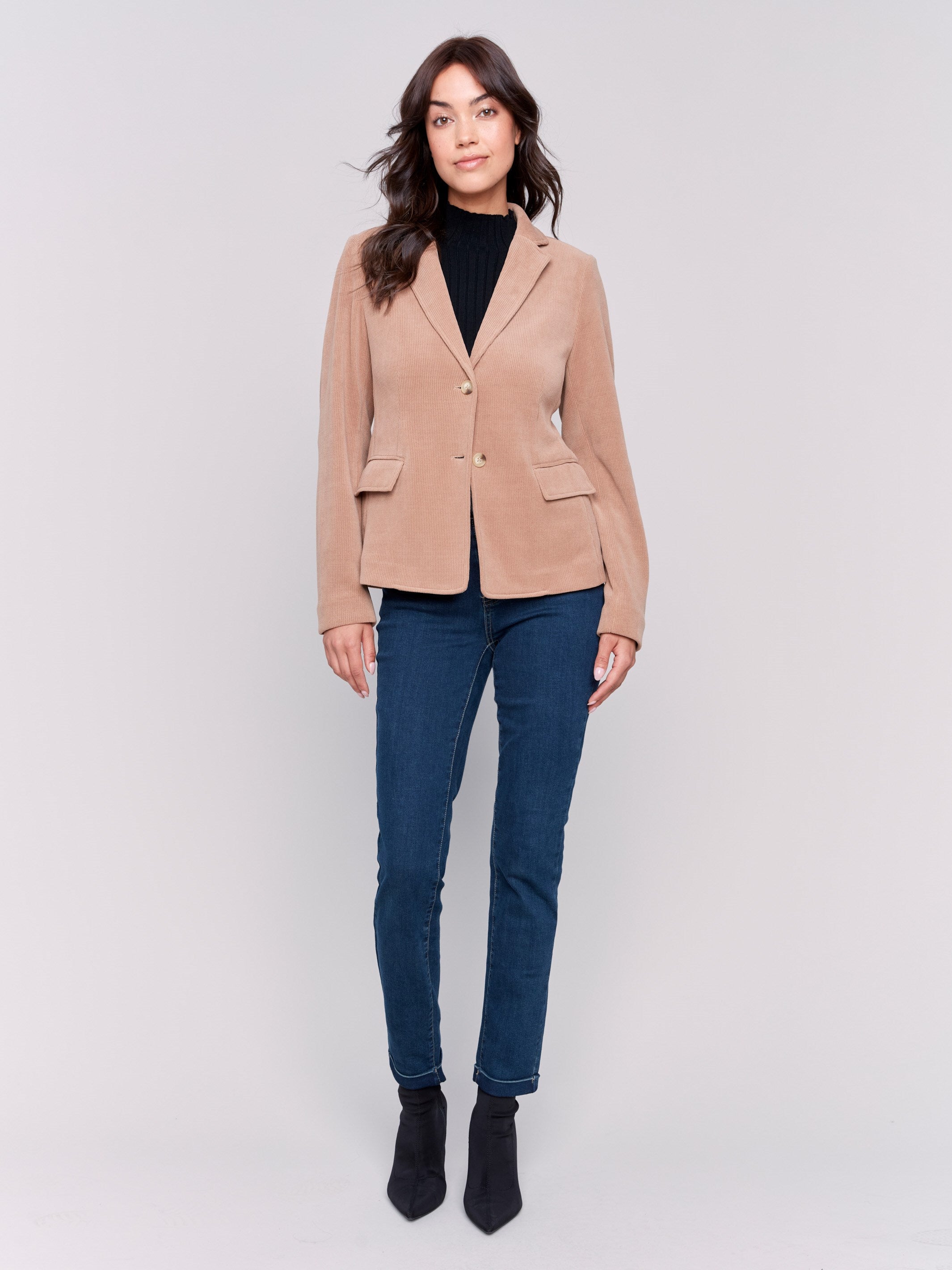 Truffle corduroy blazer with a single-button closure and flap pockets by Charlie B.