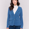 Light blue corduroy blazer with a hood, featuring two button closure, tailored fit, and two front flap pockets by Charlie B.