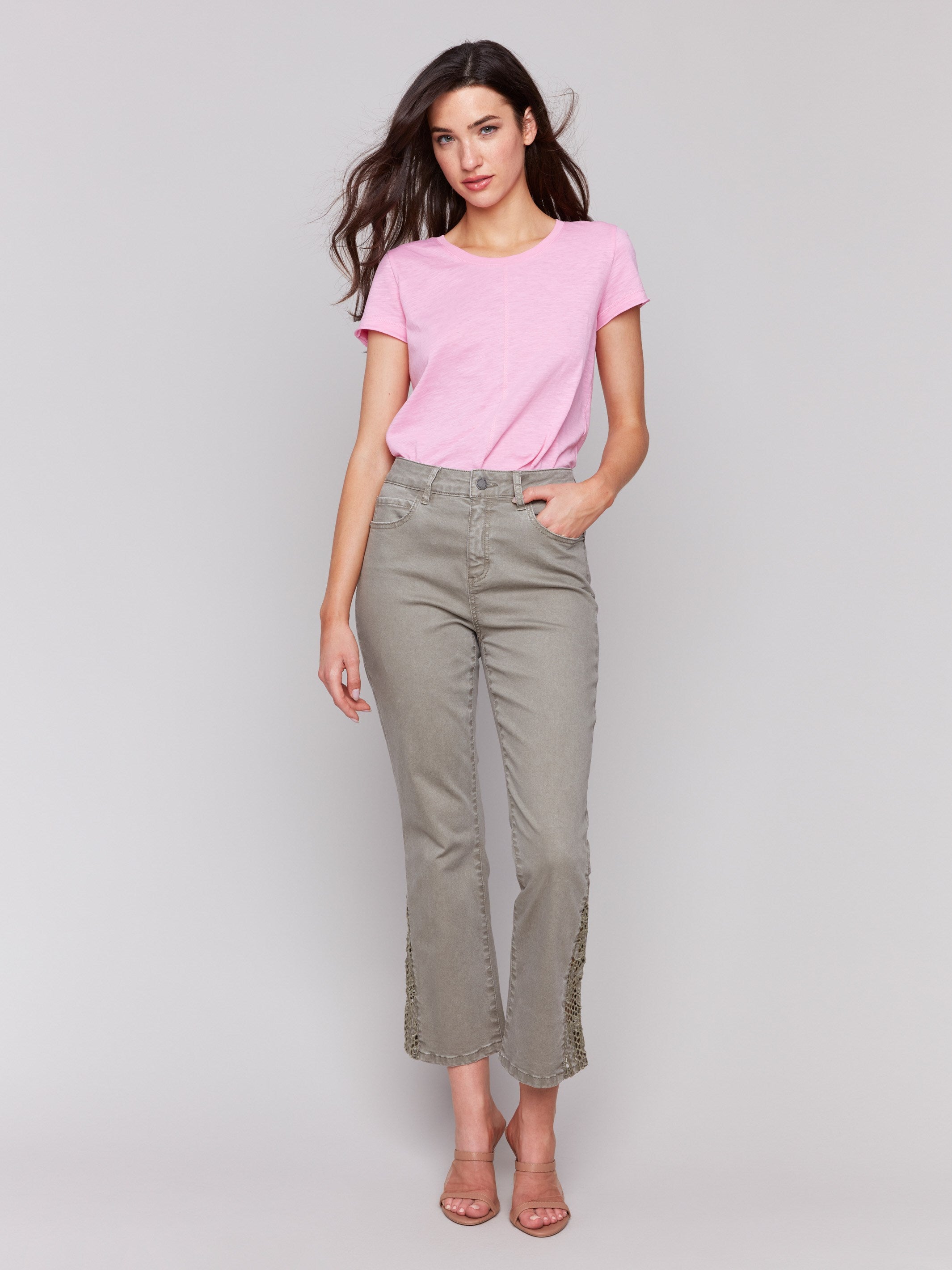 Celadon green pants with a stretch twill fabric and regular rise by Charlie B.