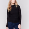 Black lace mock neck long sleeve top by Charlie B. Detailed lace pattern with long sleeves and fitted silhouette.