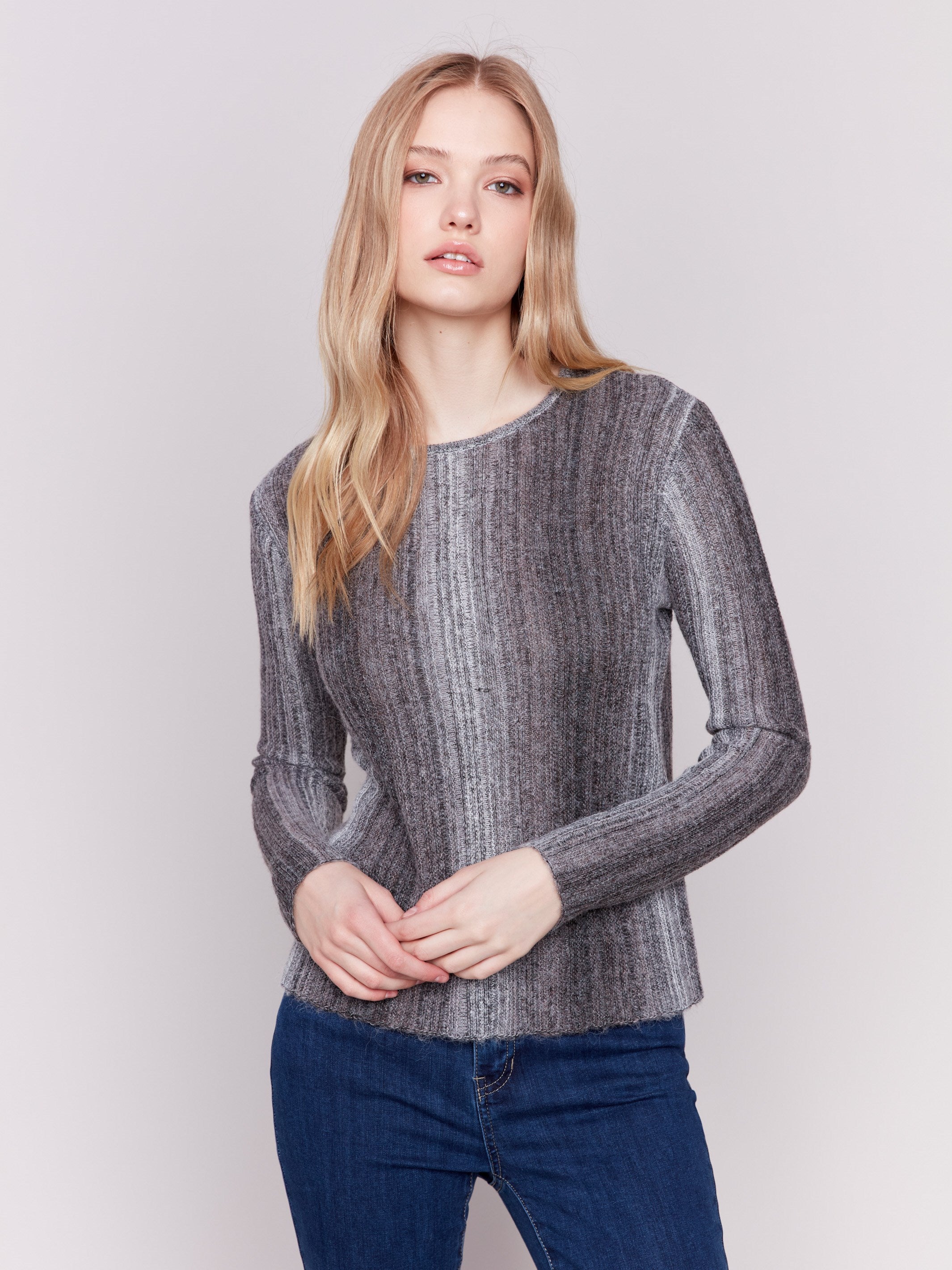 Charcoal grey ombre striped long-sleeved crop sweater with a crew neckline by Charlie B.