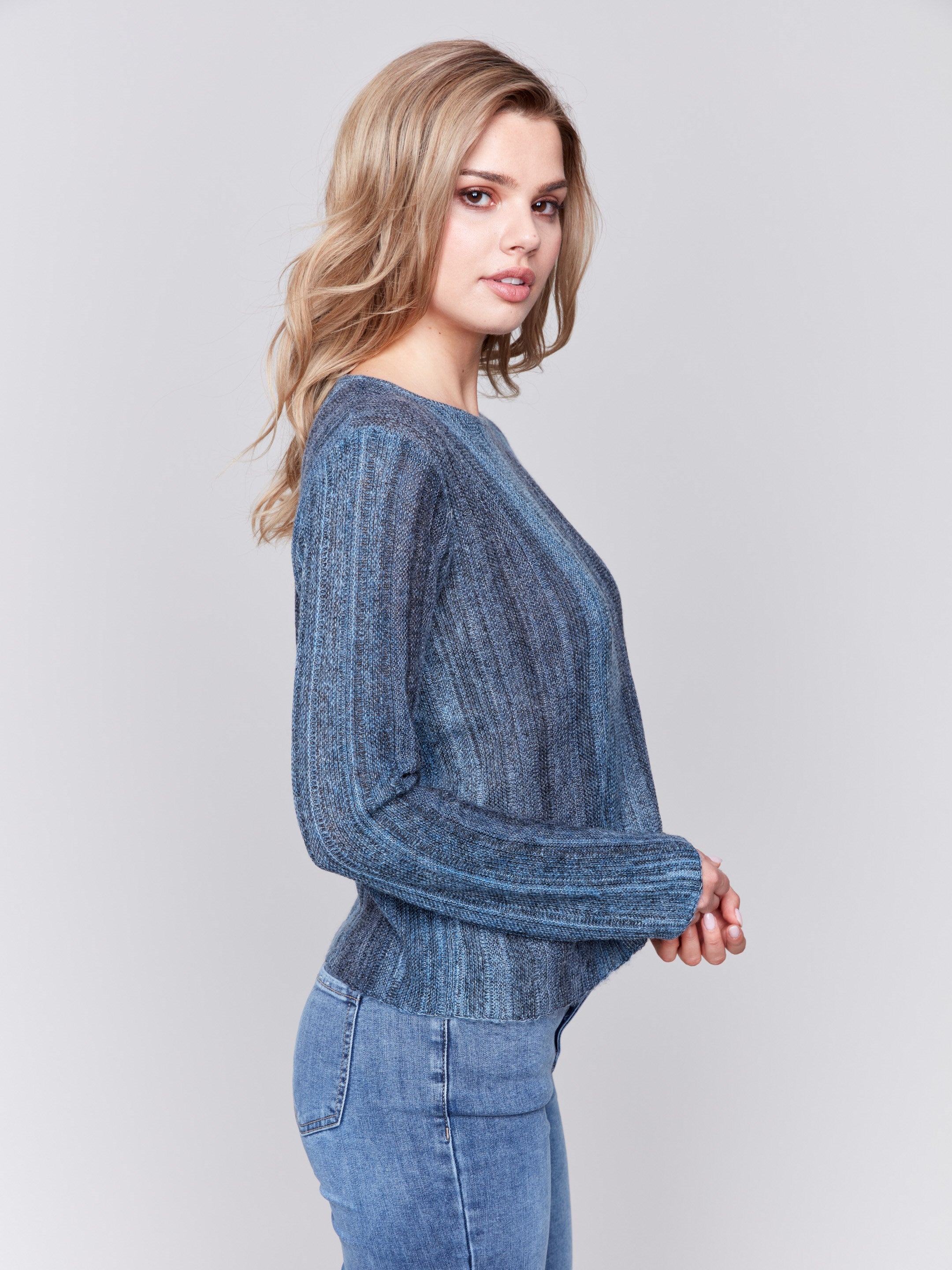 Denim blue ombre striped long-sleeved crop sweater with a crew neckline by Charlie B.