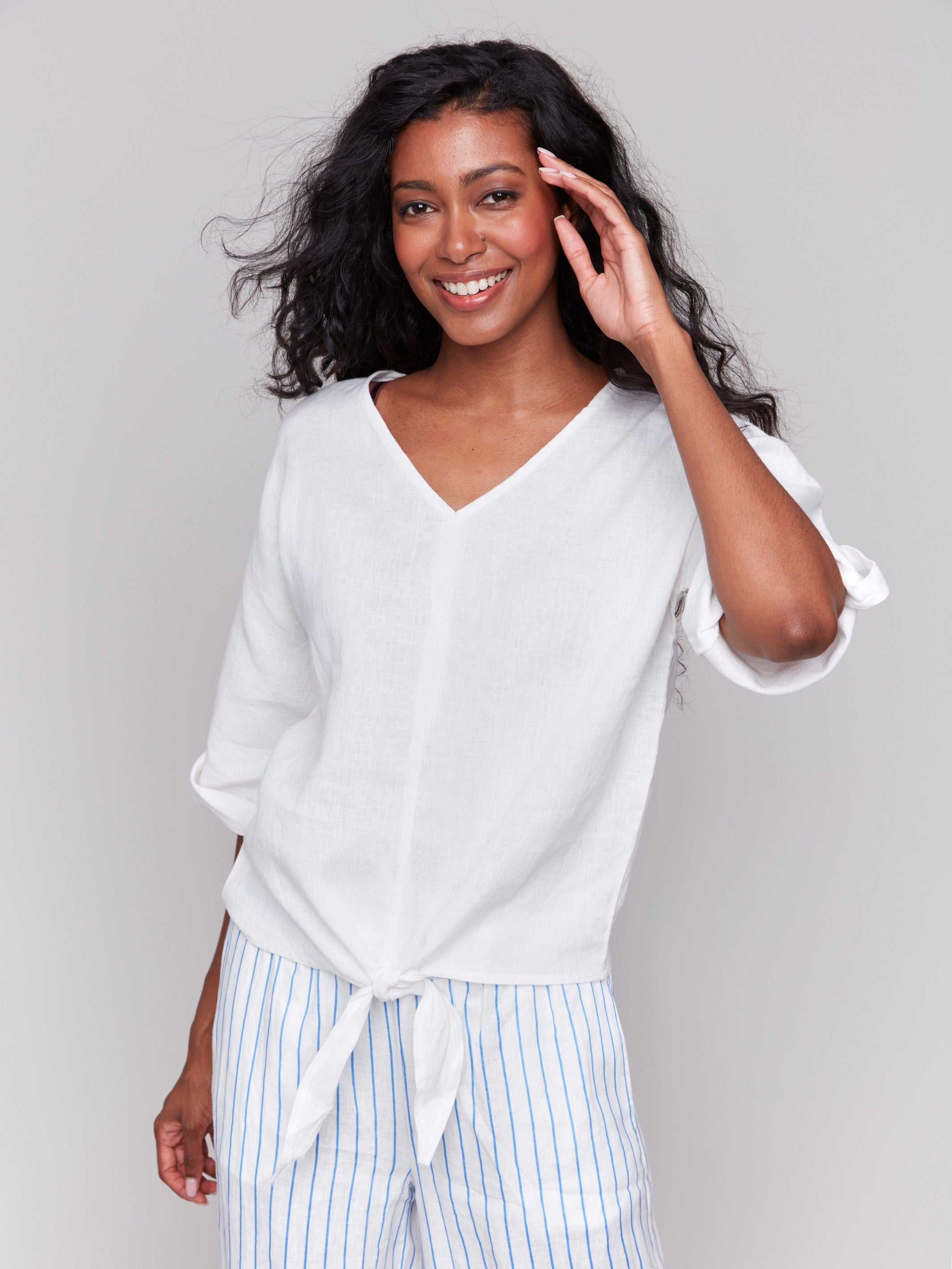 Linen blend top featuring a stylish V-neckline by Charlie B.