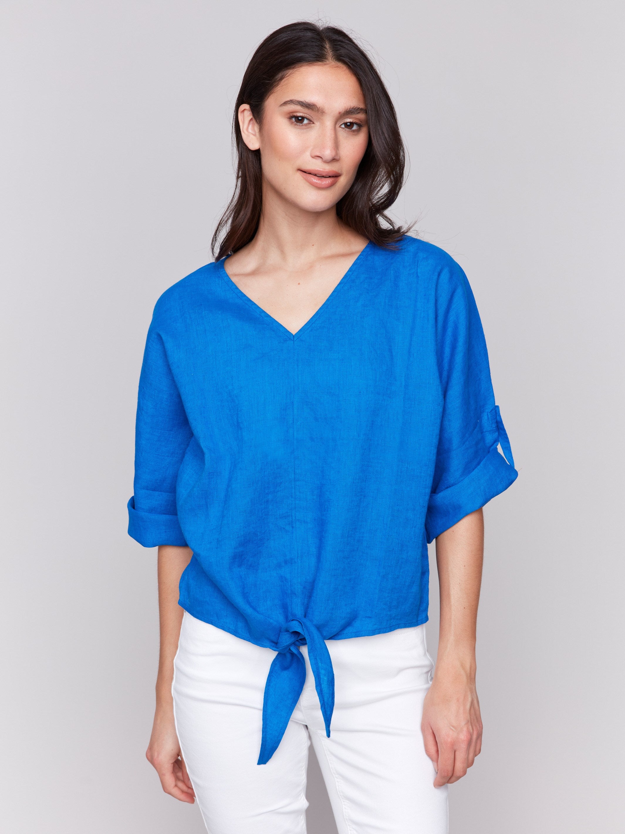 Linen blend top featuring a stylish V-neckline by Charlie B.