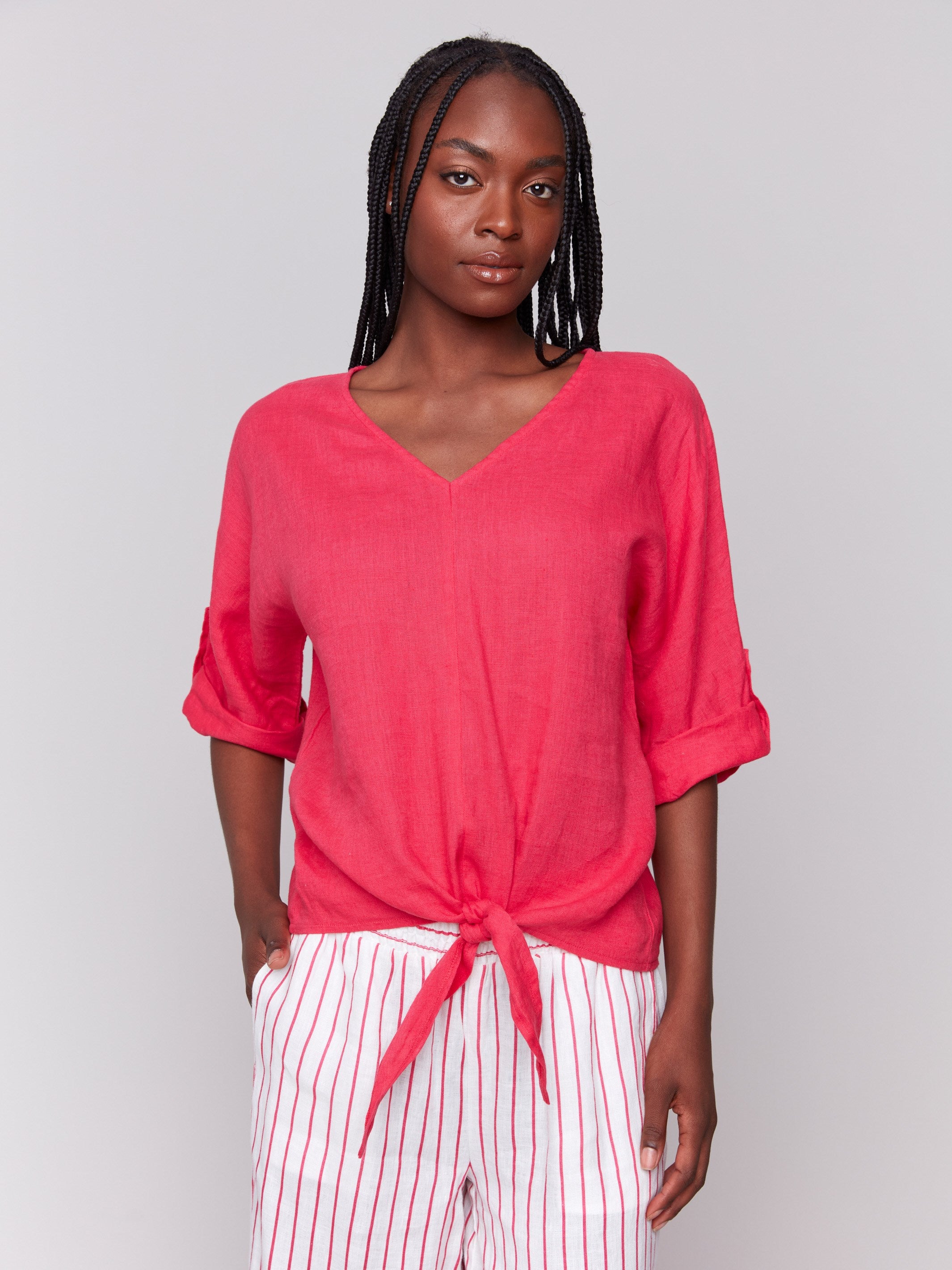 Linen blend top with a stylish front tie knot by Charlie B.