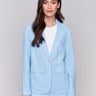 Light blue linen blend blazer with single-button closure, featuring a classic lapel and welt pockets by Charlie B.