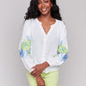 Linen blend blouse with V-neck and detailed sleeves by Charlie B.