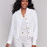 White linen blend jacket with a shirt collar and button closure by Charlie B.