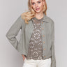 Celadon jacket with a shirt collar and frayed edges, featuring short length by Charlie B.