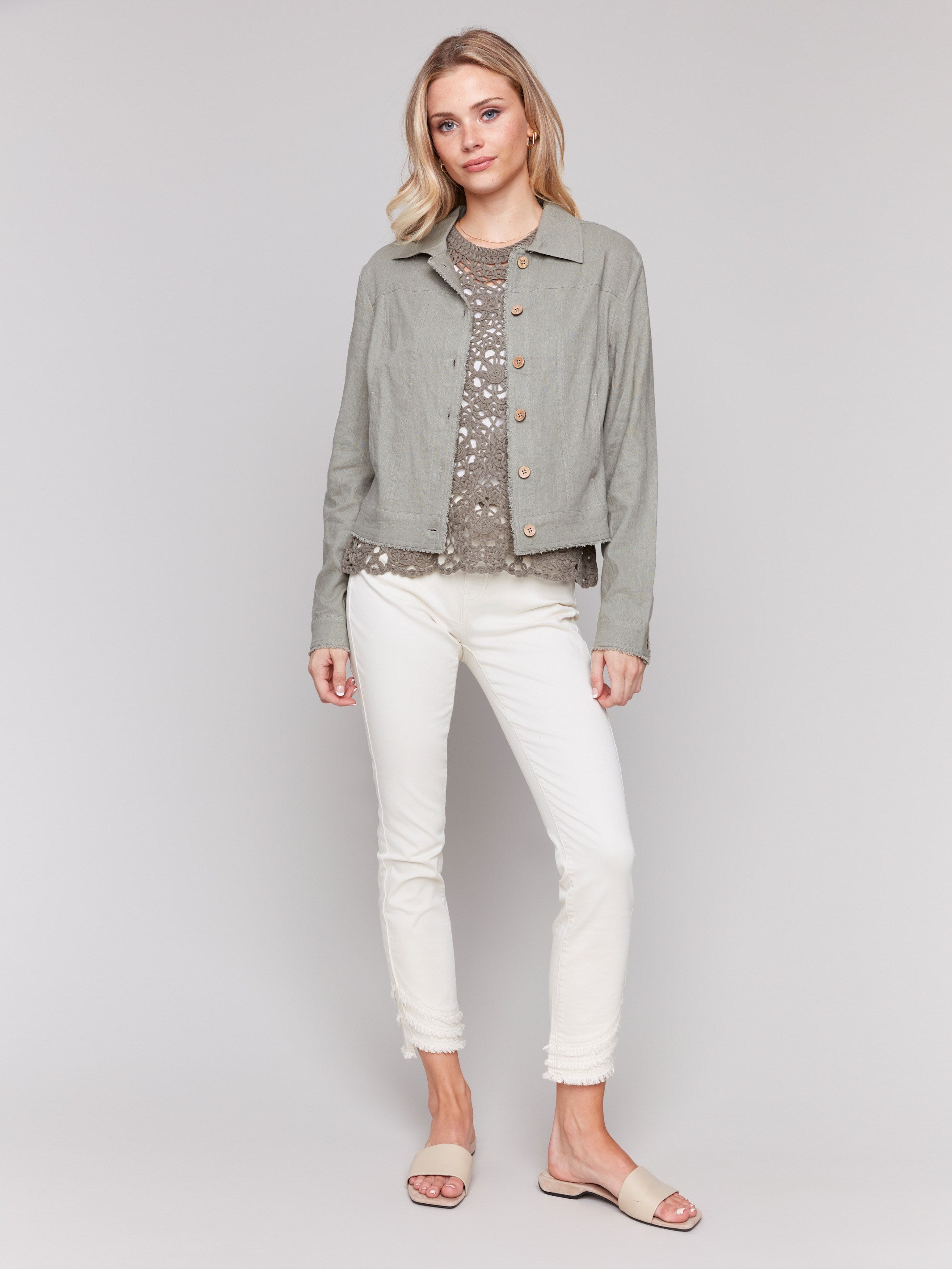 Linen blend jacket in celadon with button closure and stylish front pockets by Charlie B.