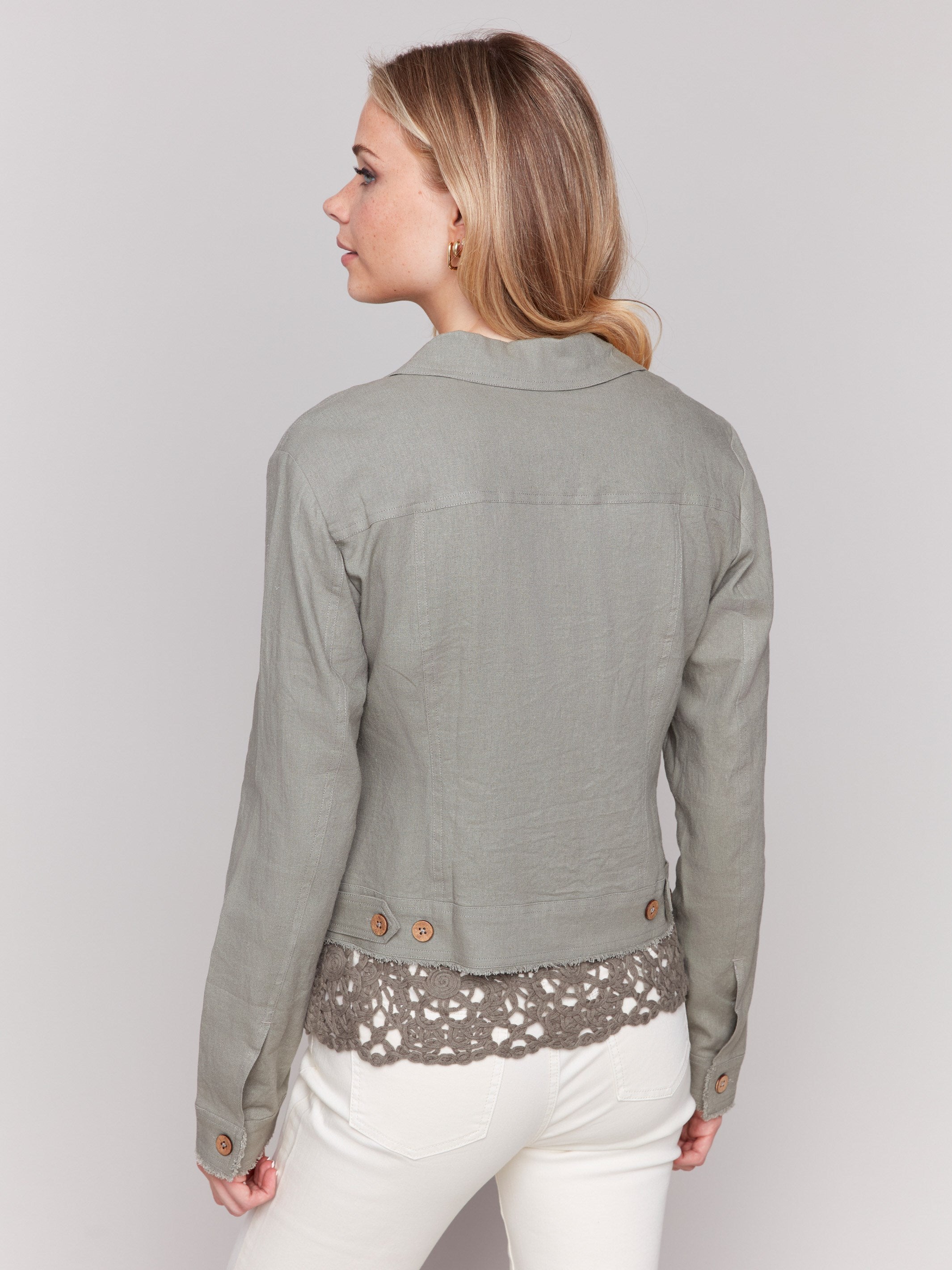 Frayed edge celadon jacket showcasing a trendy shirt collar design by Charlie B.