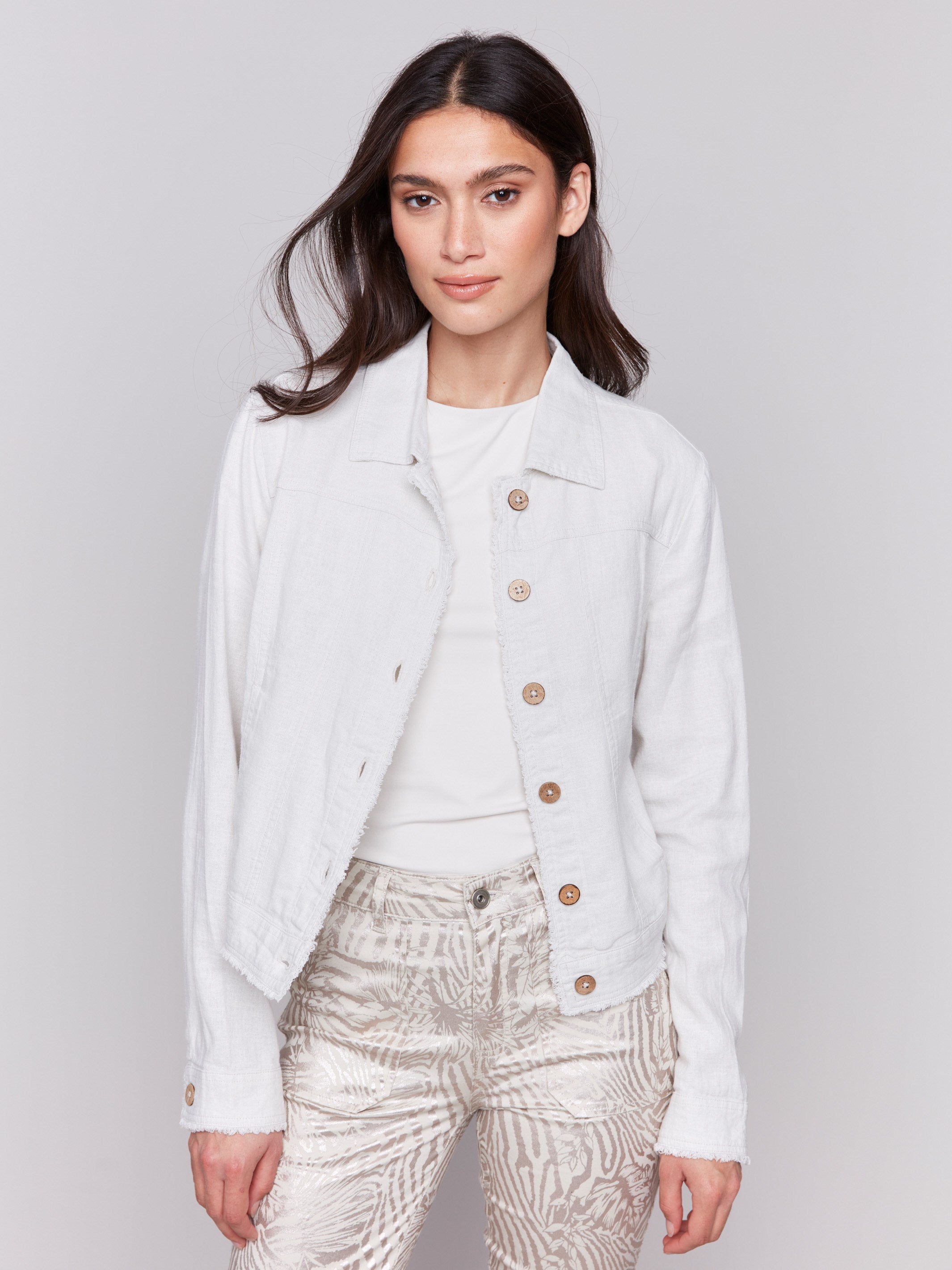 Linen blend jacket with shirt collar, featuring front pockets by Charlie B.