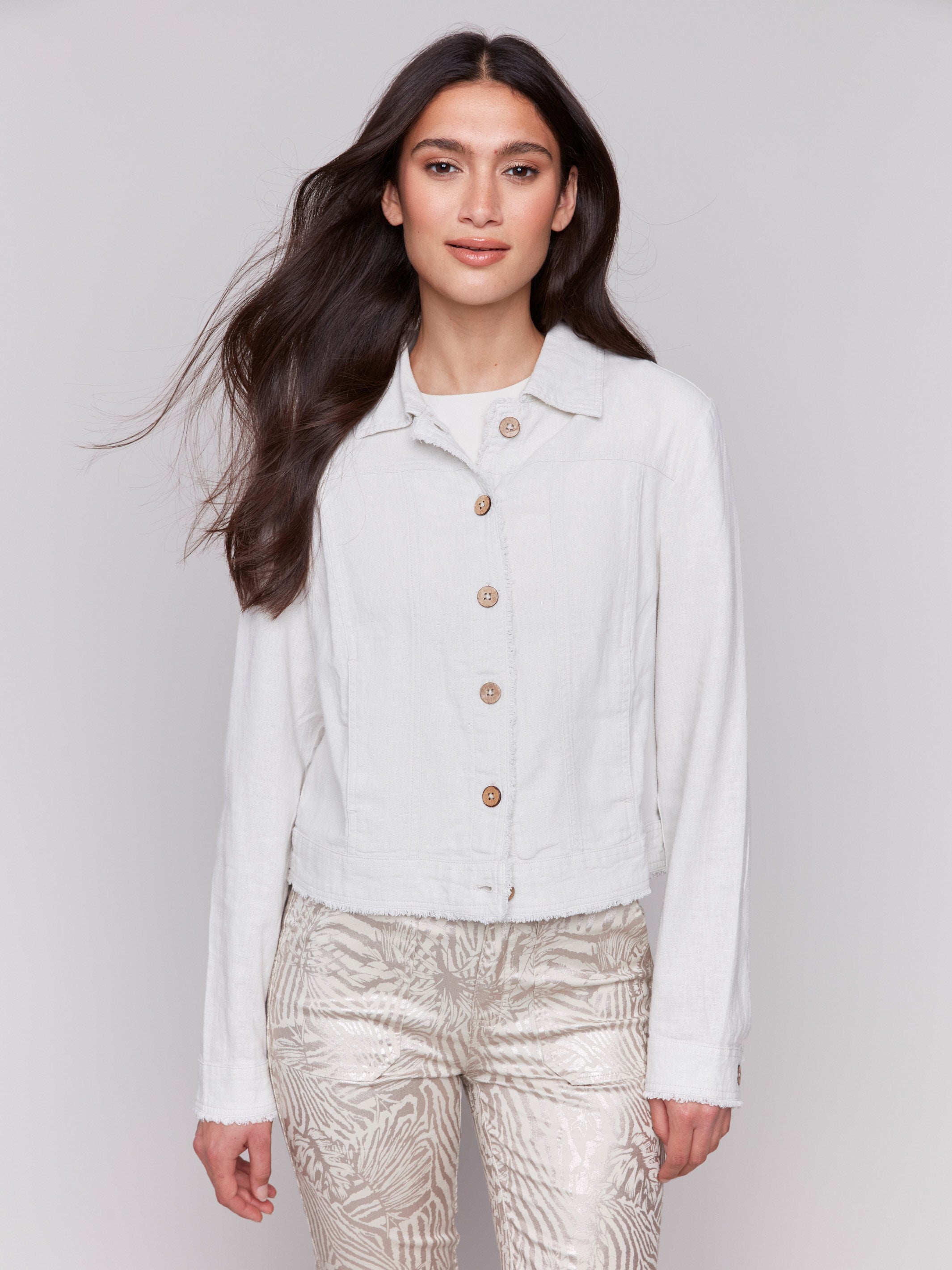 Stylish linen jacket with a button closure and frayed edges by Charlie B.