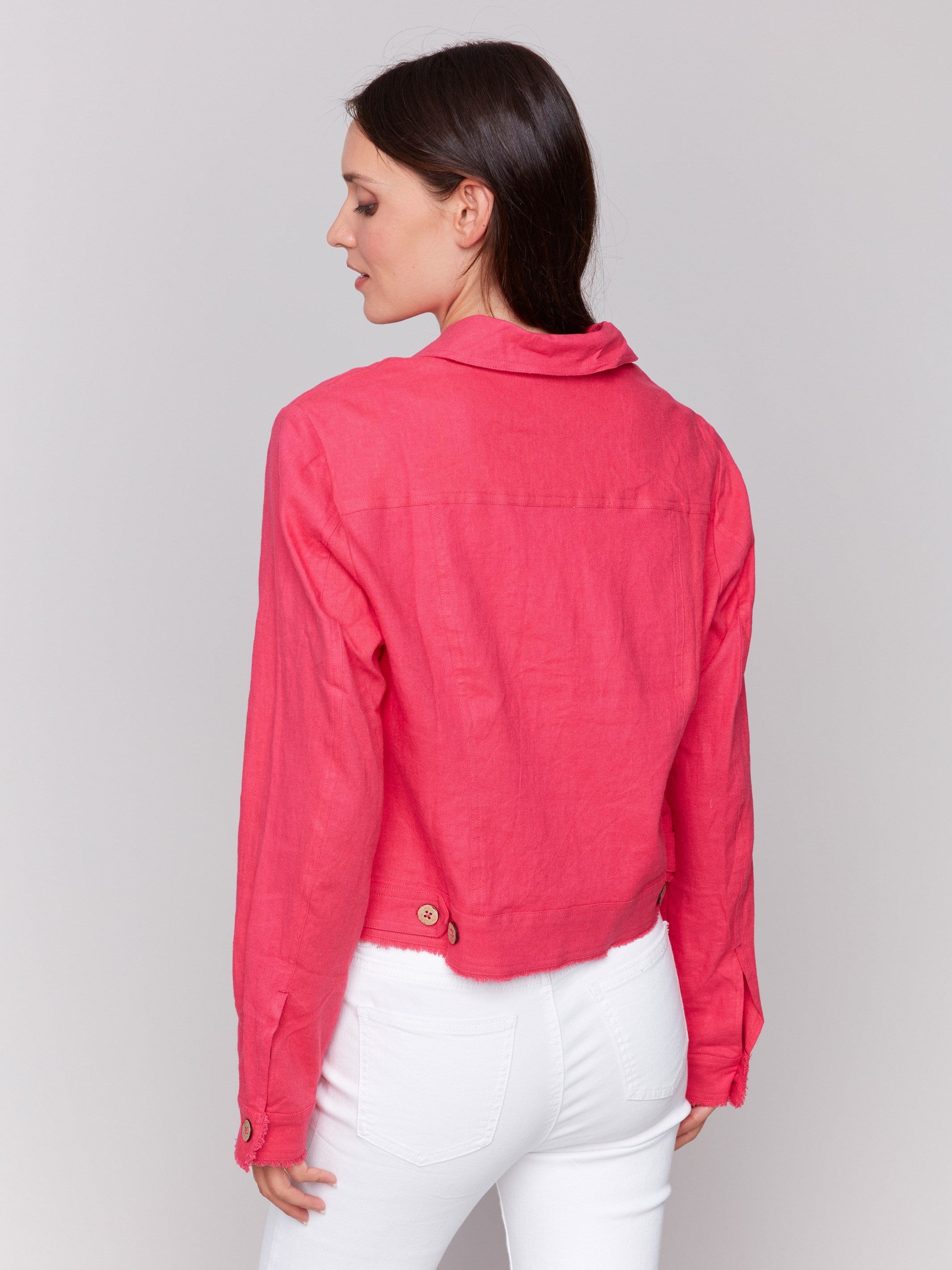 Elegant frayed edges on this fashionable jacket by Charlie B.