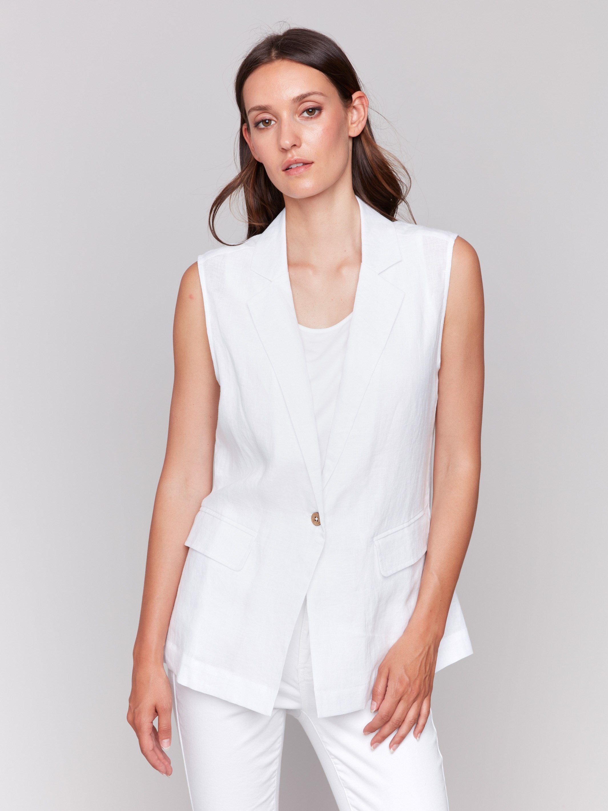 White linen blend vest with a 3/4 length design by Charlie B.